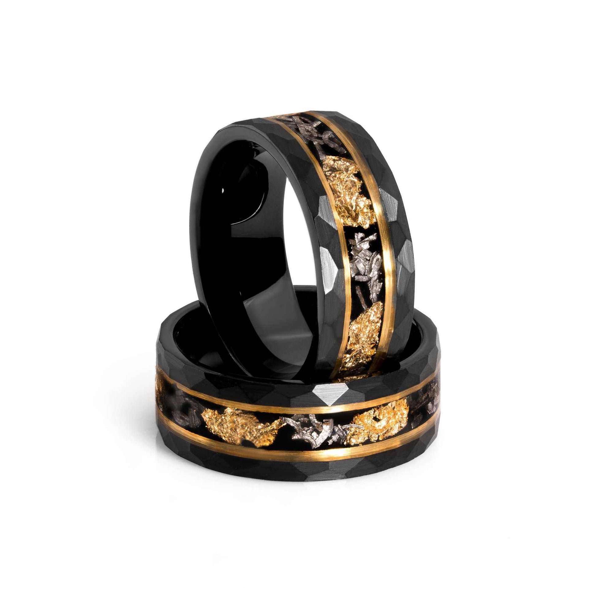 Gold Leaf Meteorite Ring made of tungsten, meteorite, and 22K gold leaf, 8MM wide.