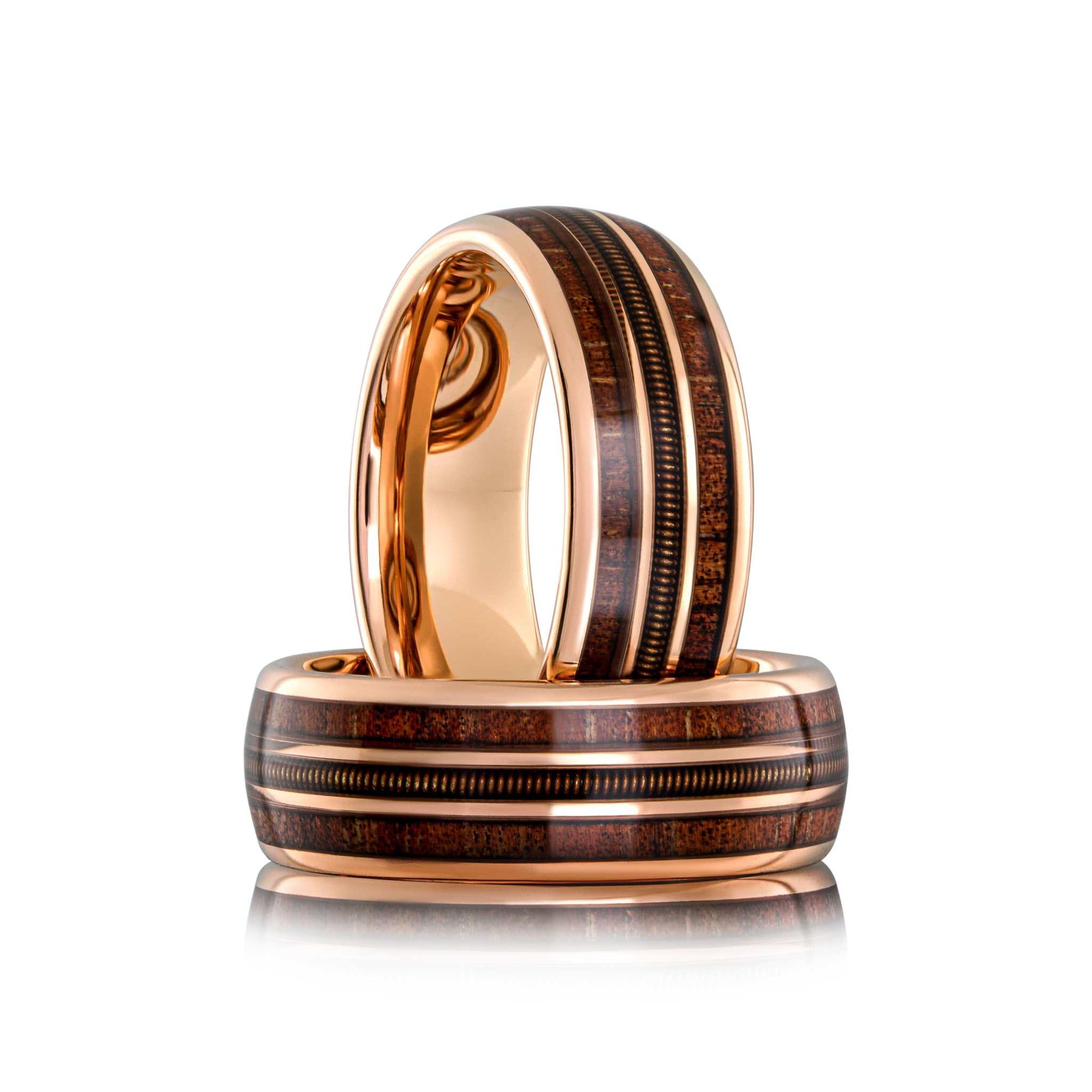 Guitar String Whiskey Barrel Ring with tungsten and rose gold, featuring a whiskey barrel wood inlay and guitar string design.