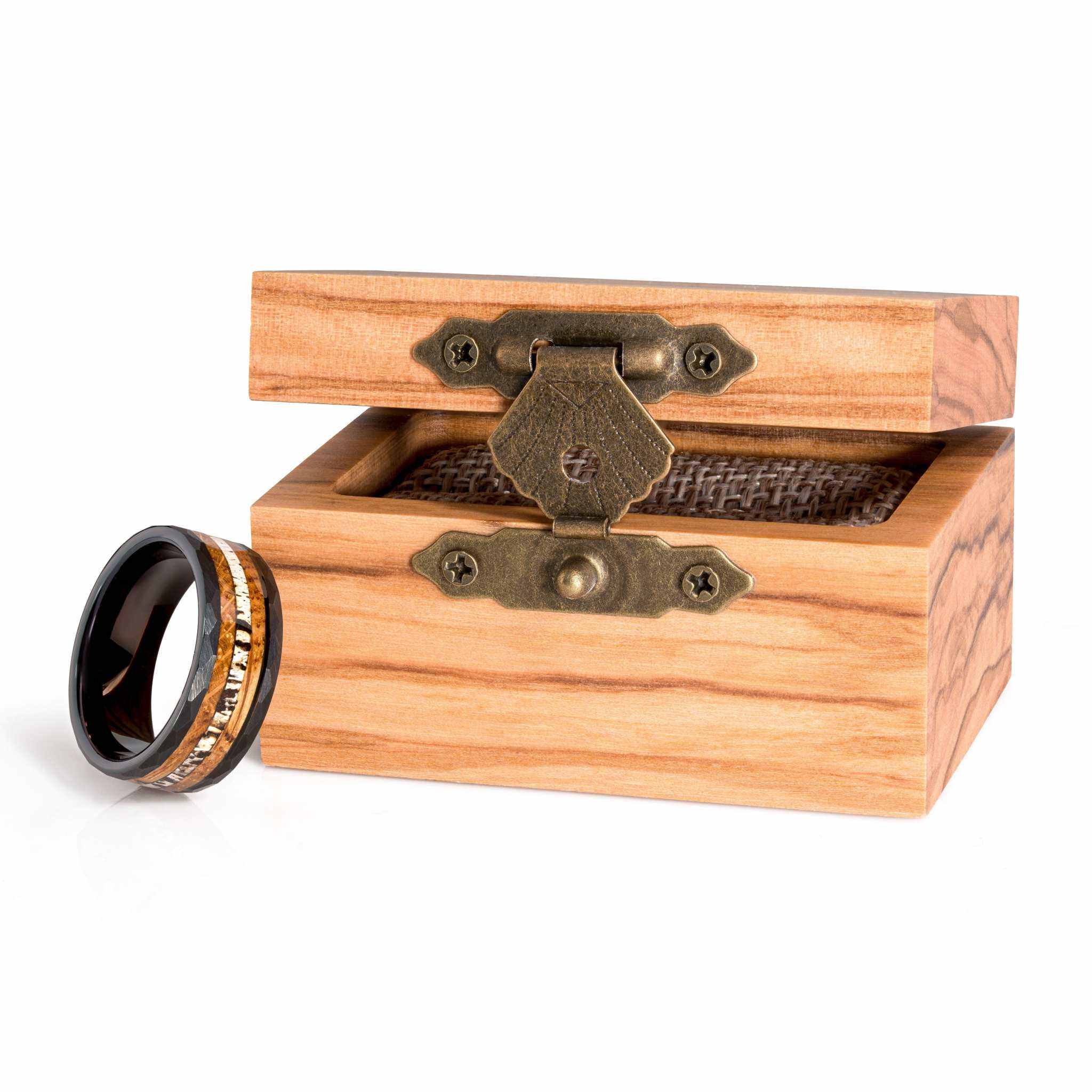 Tungsten hammered antler ring with comfort-fit design next to a wooden box.