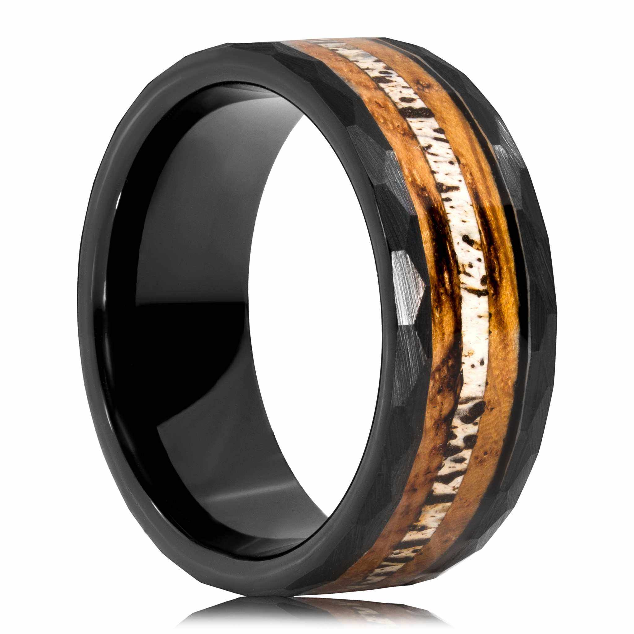Hammered antler ring in tungsten, unisex design, comfort-fit, suitable for casual and special occasions.