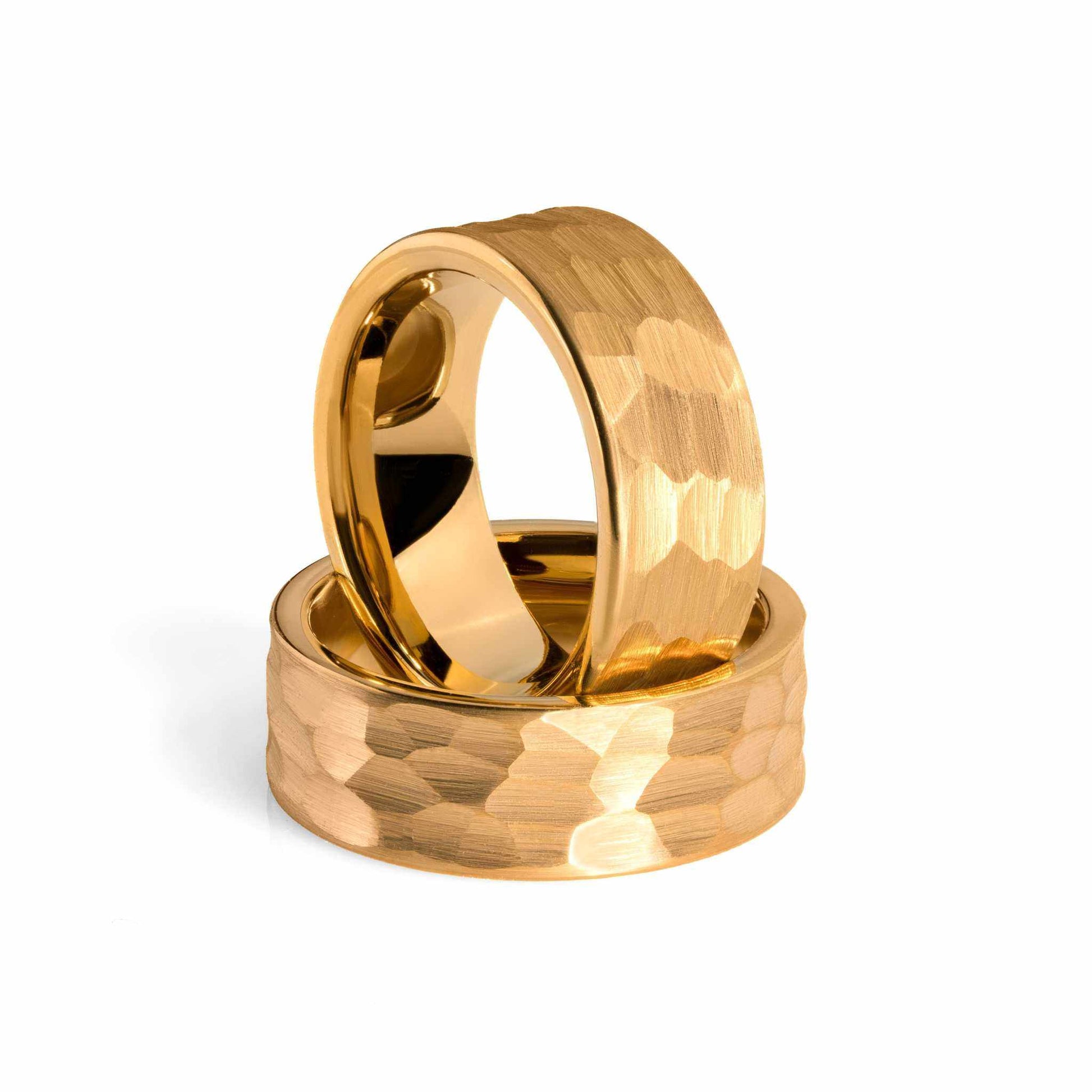 Handcrafted tungsten hammered gold wedding ring with rustic charm.