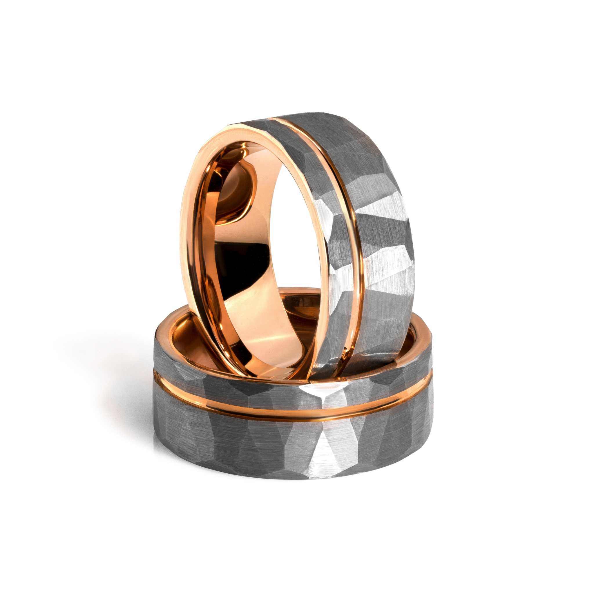 Hammered Rose Gold Strip Ring in Tungsten Carbide with superior shine and comfort-fit design.
