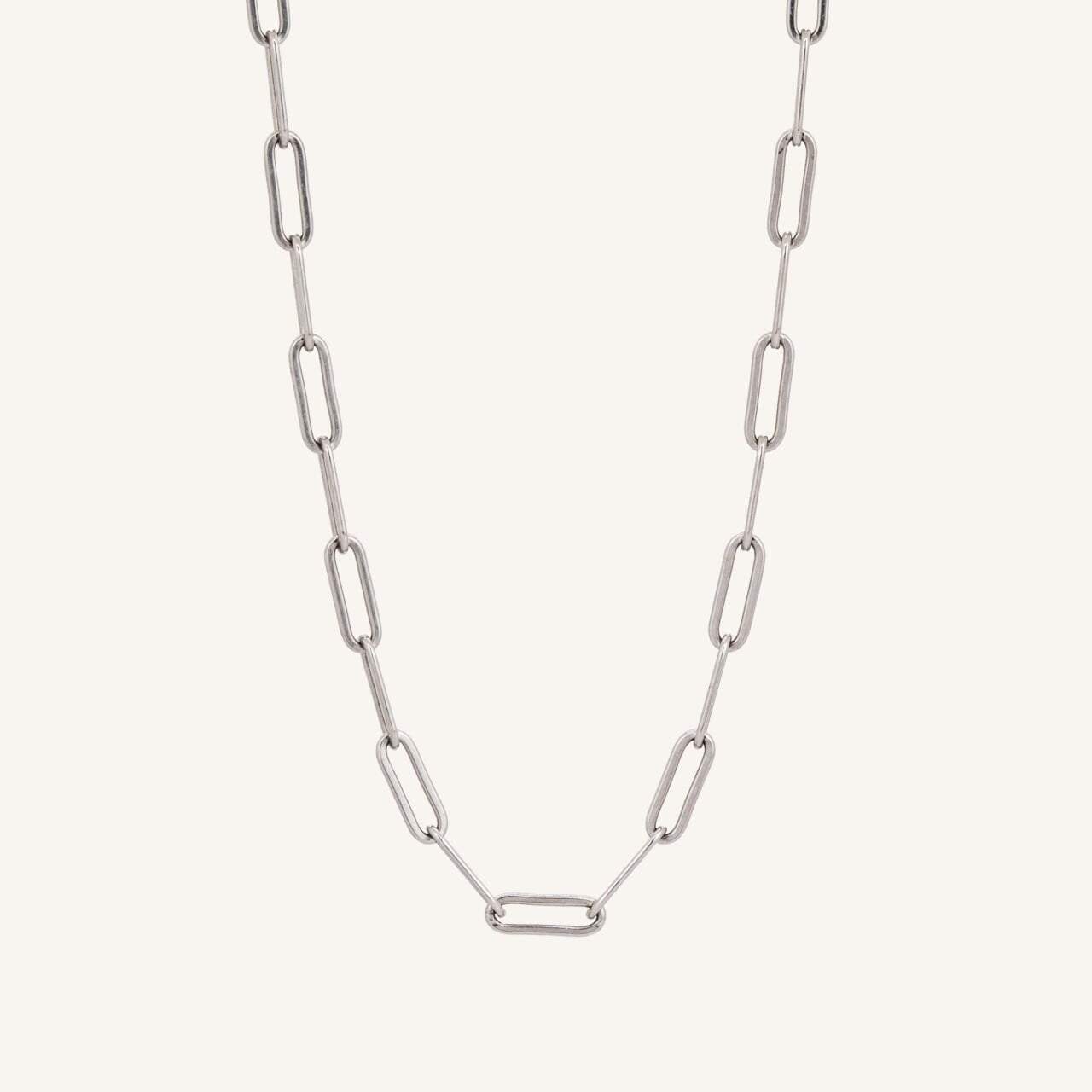 Sterling silver paperclip chain necklace with rectangle links, minimalist design.