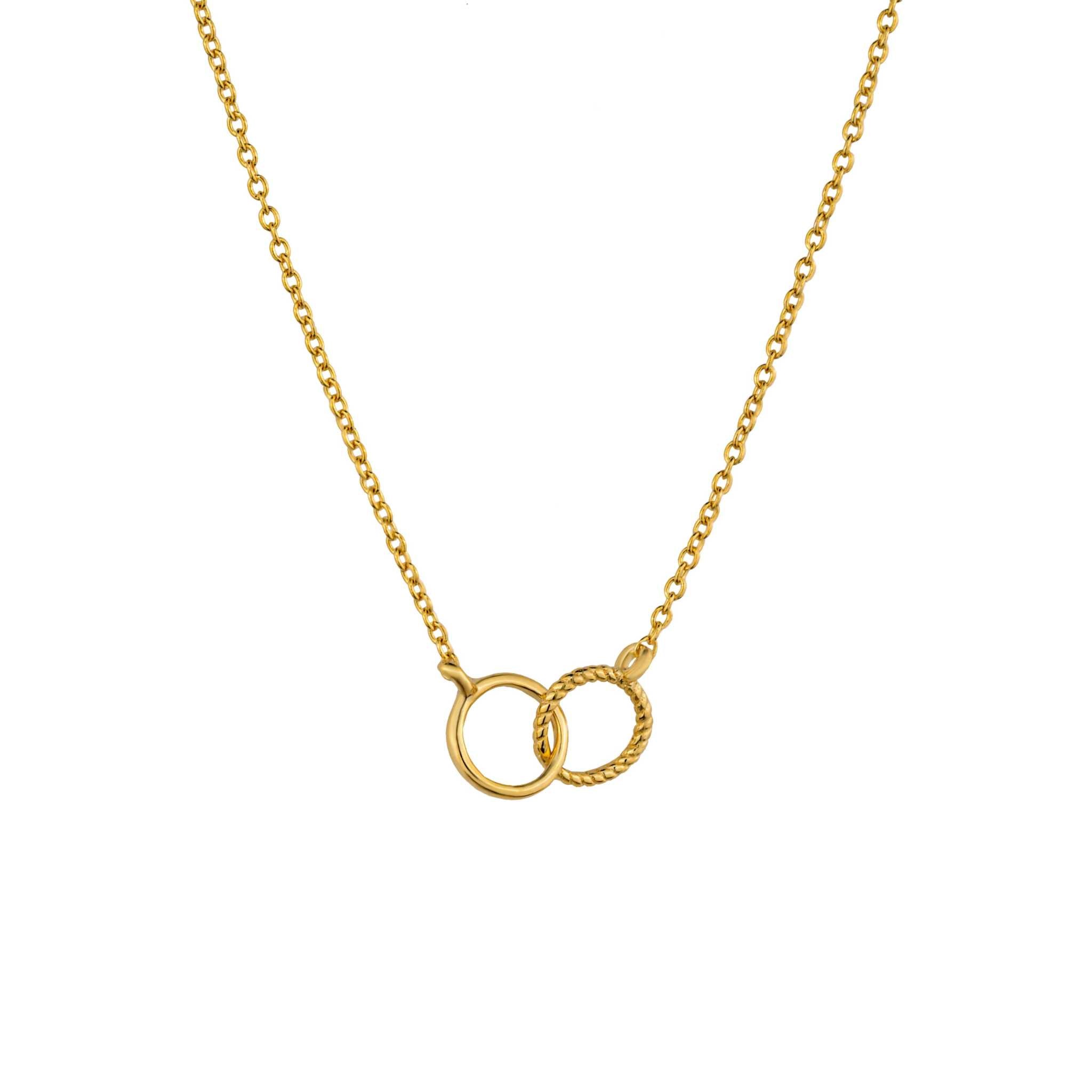 Interlocking Circle Necklace in 14k gold on recycled sterling silver with twisted and smooth rings.