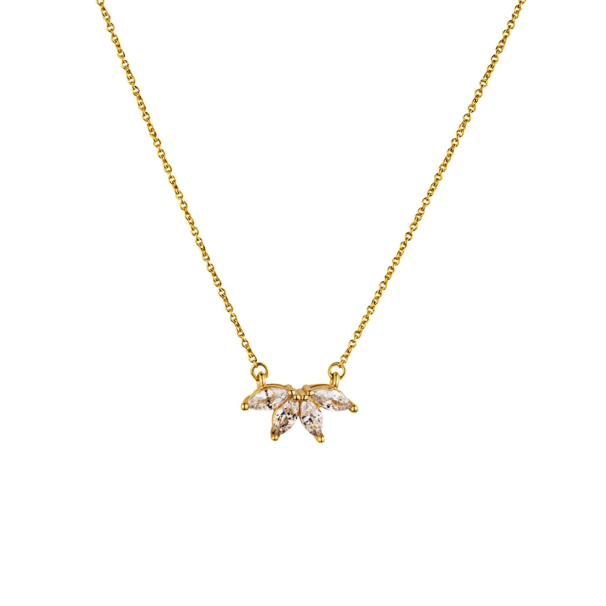 Marquise Flower Necklace with marquise diamond petals on 14k gold over brass.