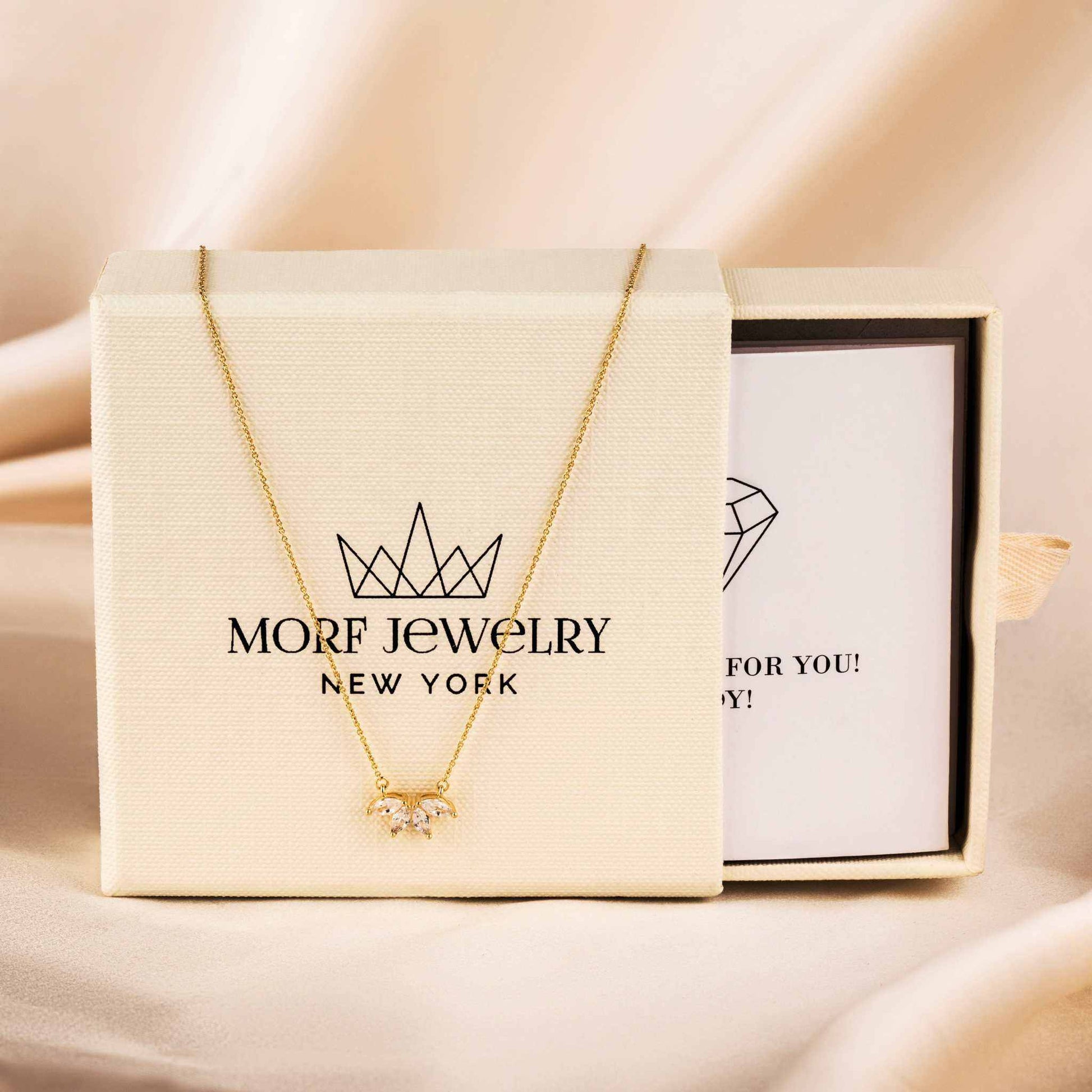 Marquise Flower Necklace with floral design, marquise diamonds, 14k gold over brass, adjustable cable chain.