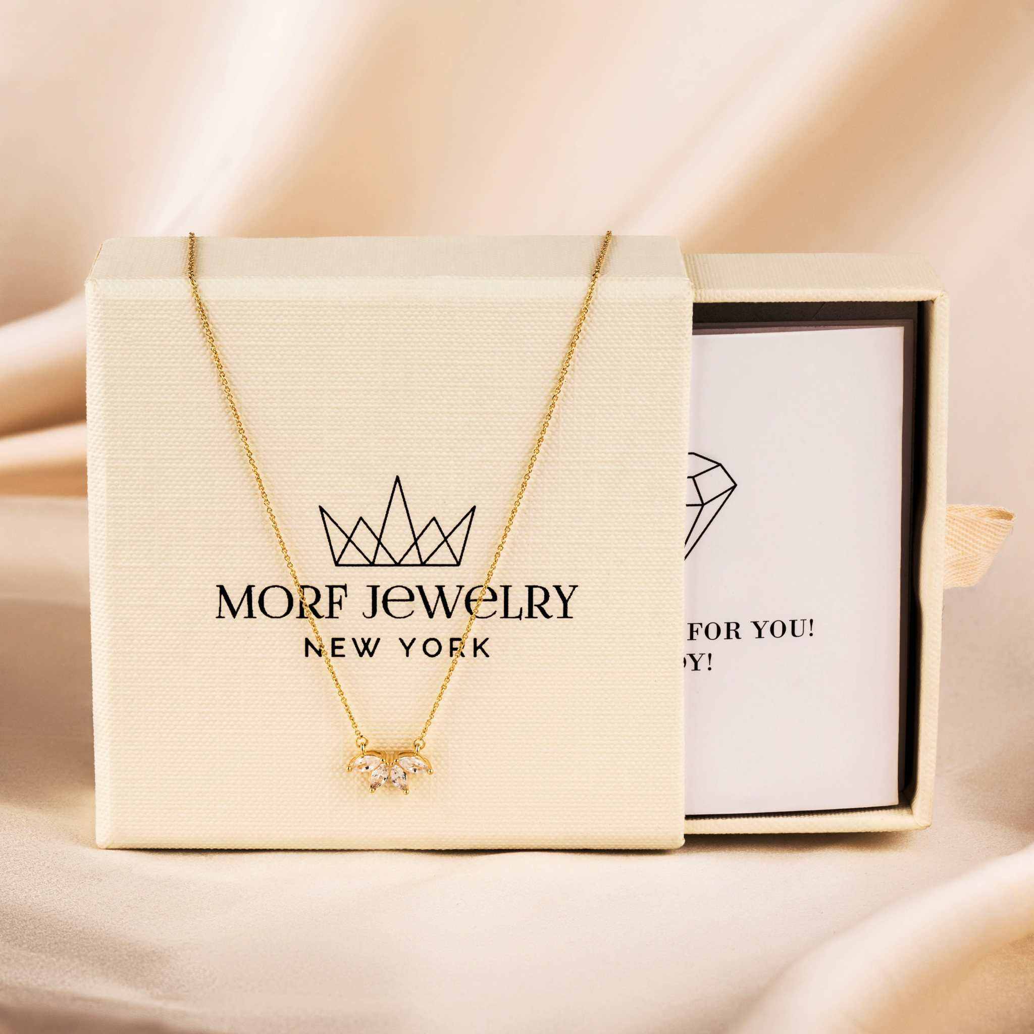 Marquise Flower Necklace with floral design, marquise diamonds, 14k gold over brass, adjustable cable chain.