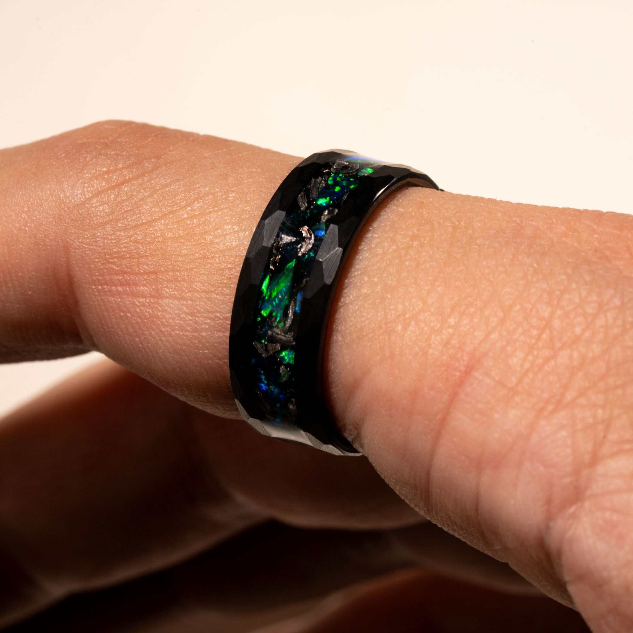 Meteorite & Green Opal Ring with an 8MM width, made of rare Muonionalusta meteorite fragments, showcasing a unique green opal inlay.