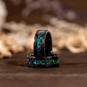 Meteorite and green opal inlay tungsten carbide rings with faceted black band, 8mm width, limited edition
