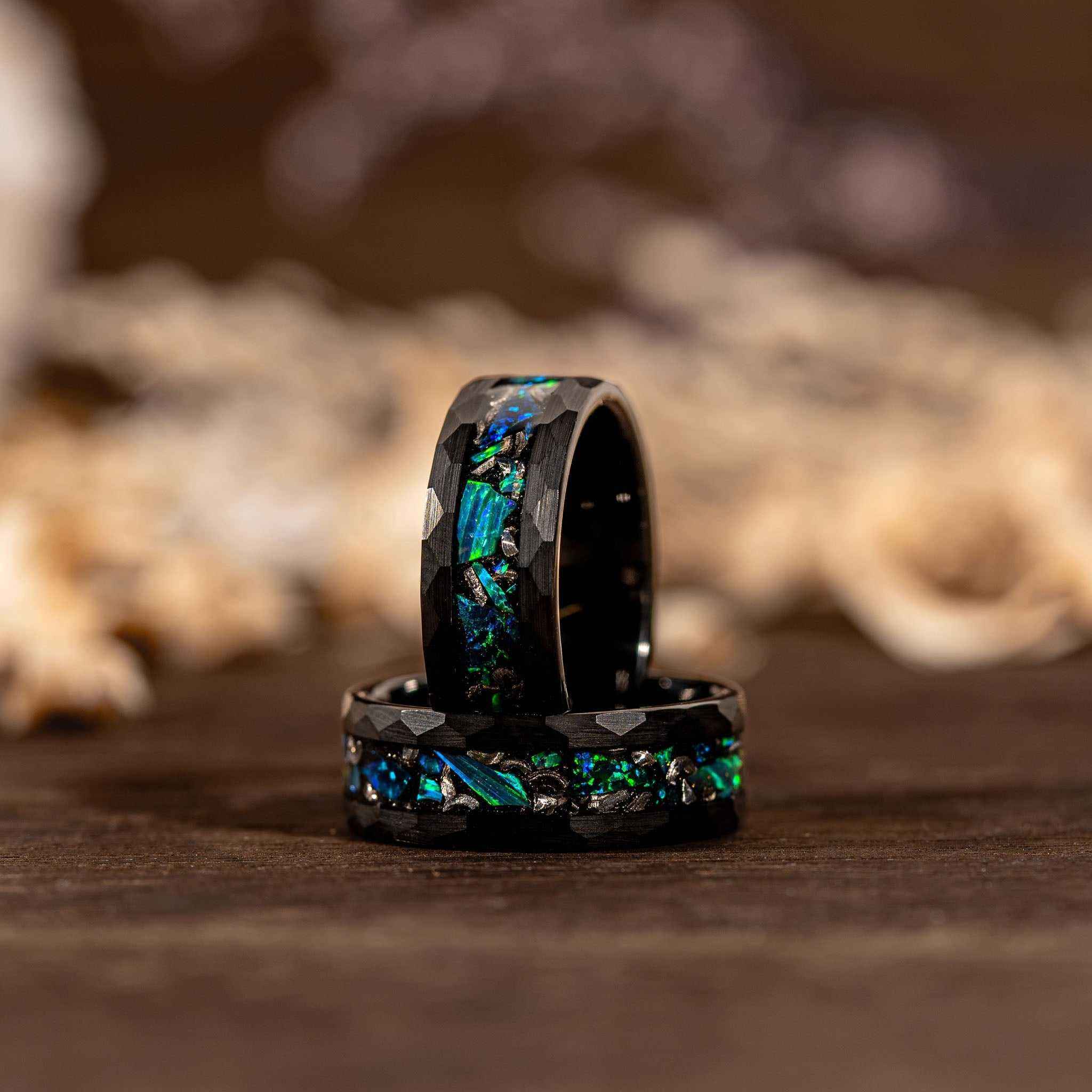 Meteorite and green opal inlay tungsten carbide rings with faceted black band, 8mm width, limited edition