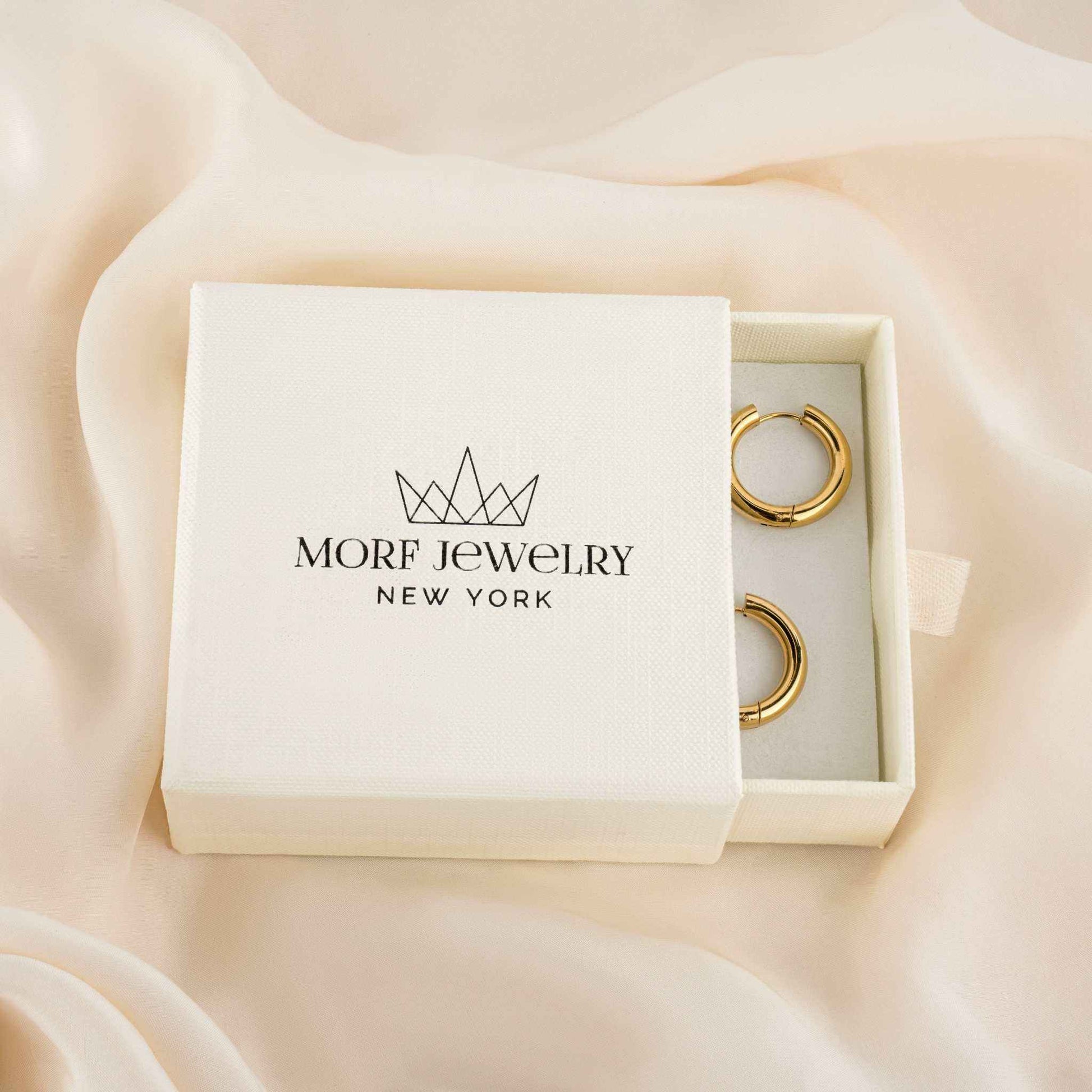 18k PVD gold plated Mirage Bold Hoops in brand box, tarnish-free and waterproof.