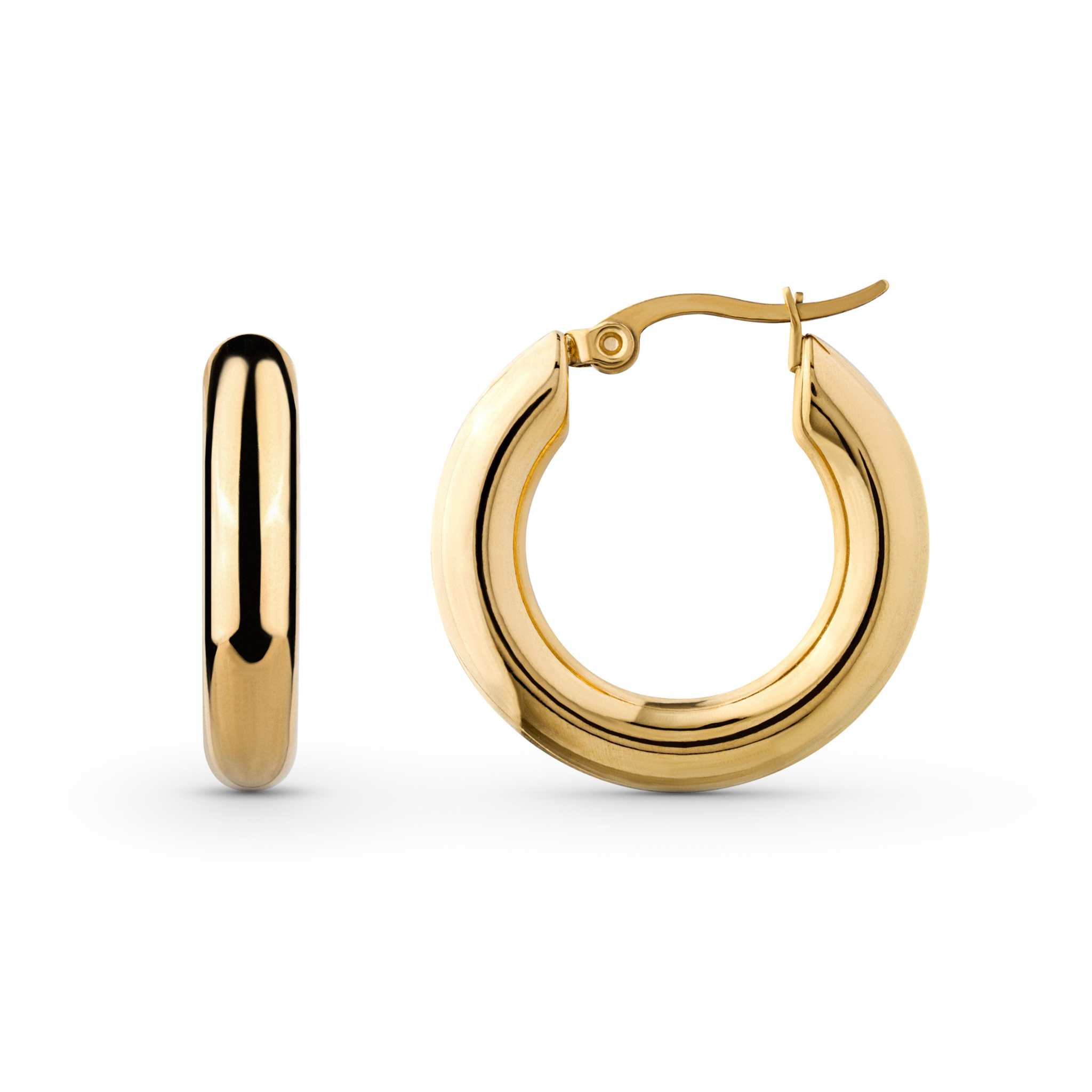 Mirage Gold Hoops, 18k PVD gold plated stainless steel, tarnish-free, hypoallergenic, waterproof earrings.