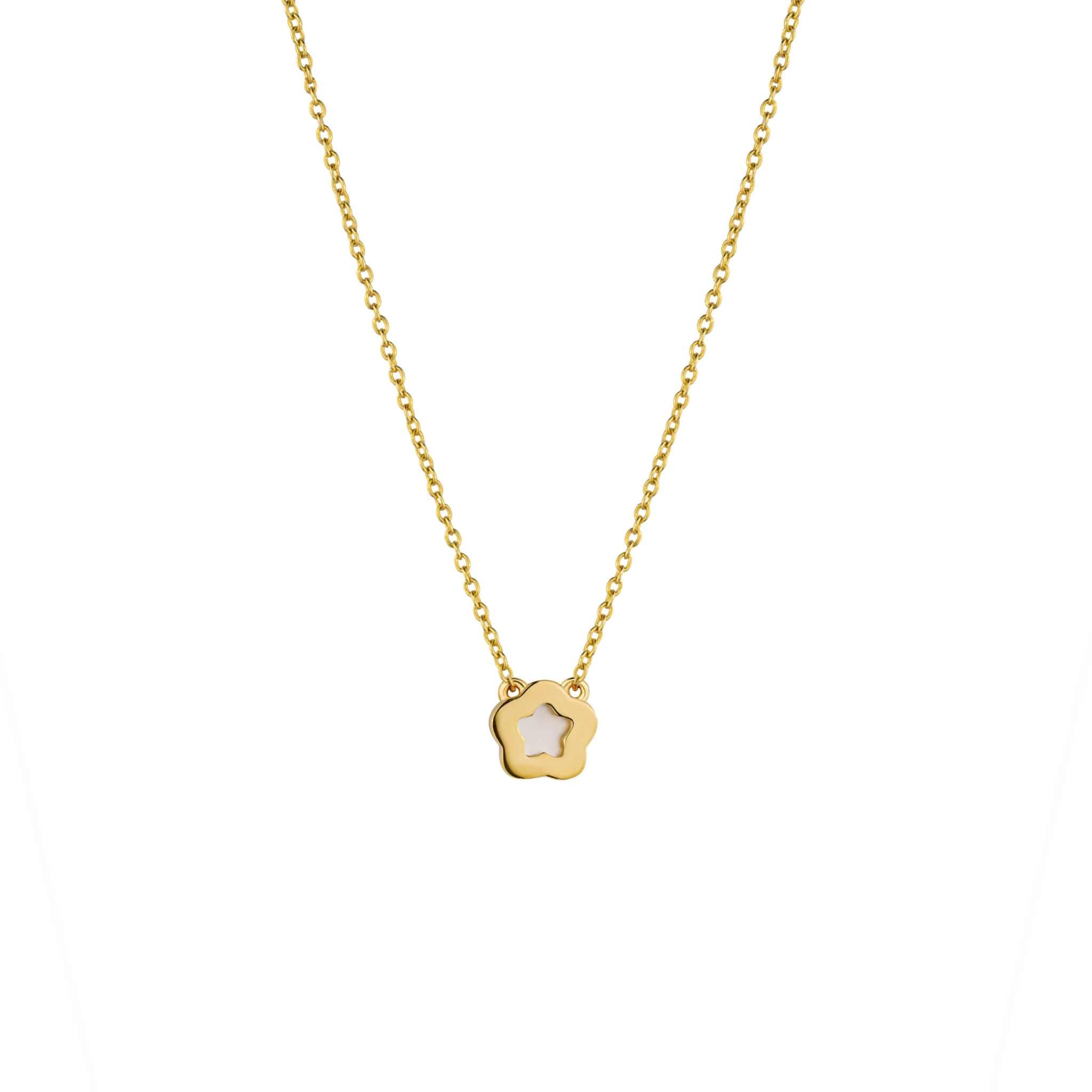 Nacre Flower Necklace with 14K gold-dipped brass chain featuring a Mother-of-Pearl floral pendant.