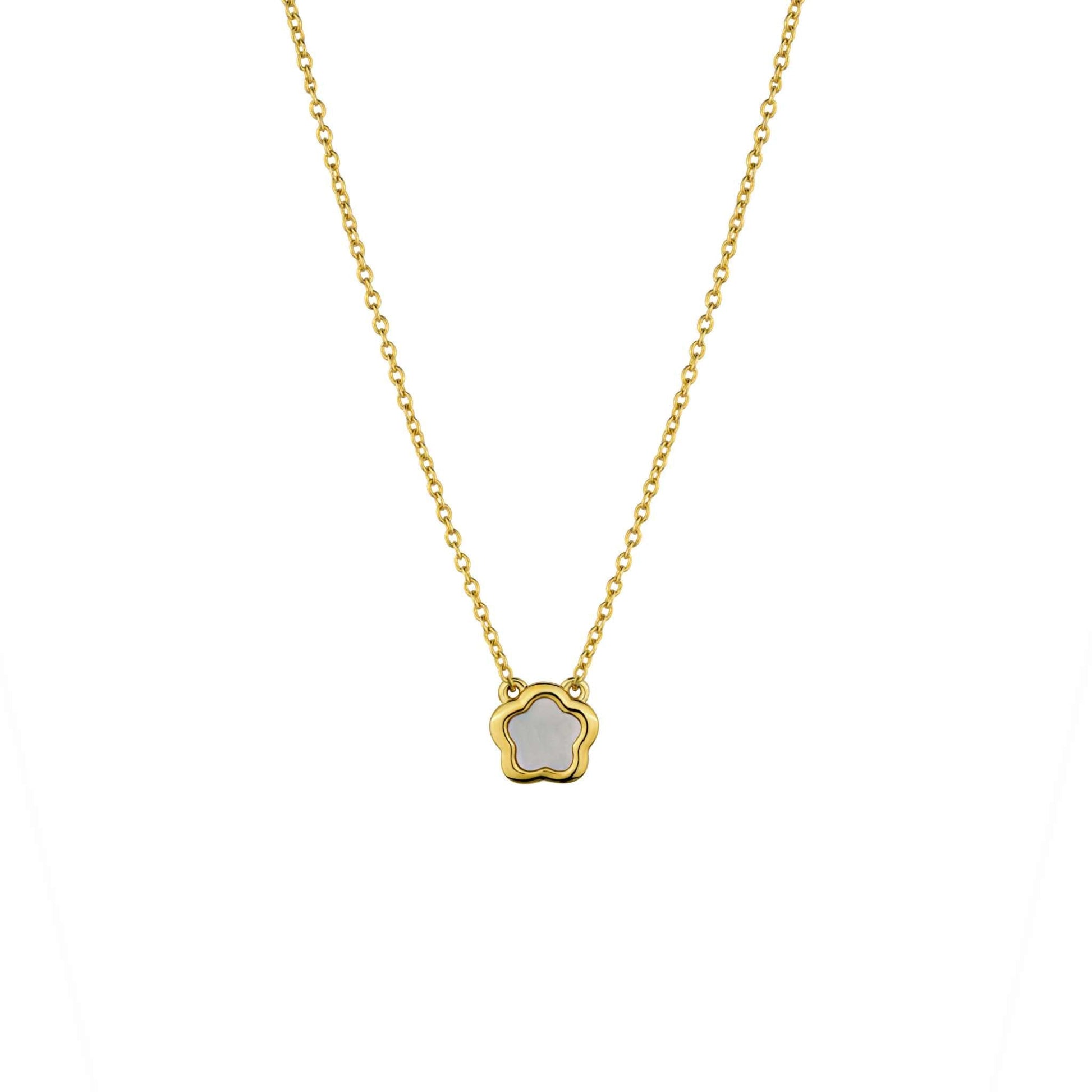 Nacre Flower Necklace with Mother-of-Pearl pendant on 14K gold oval cable chain.