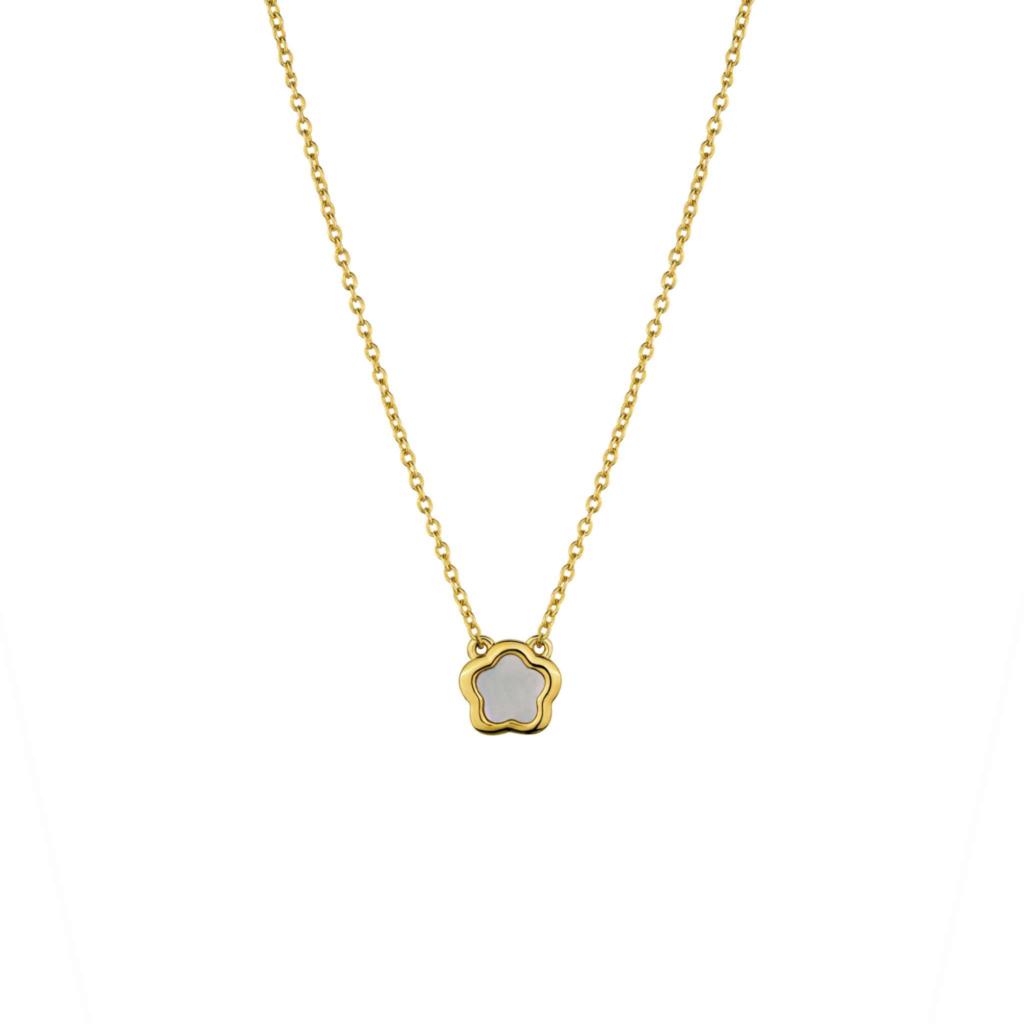Nacre Flower Necklace with Mother-of-Pearl pendant on 14K gold oval cable chain.
