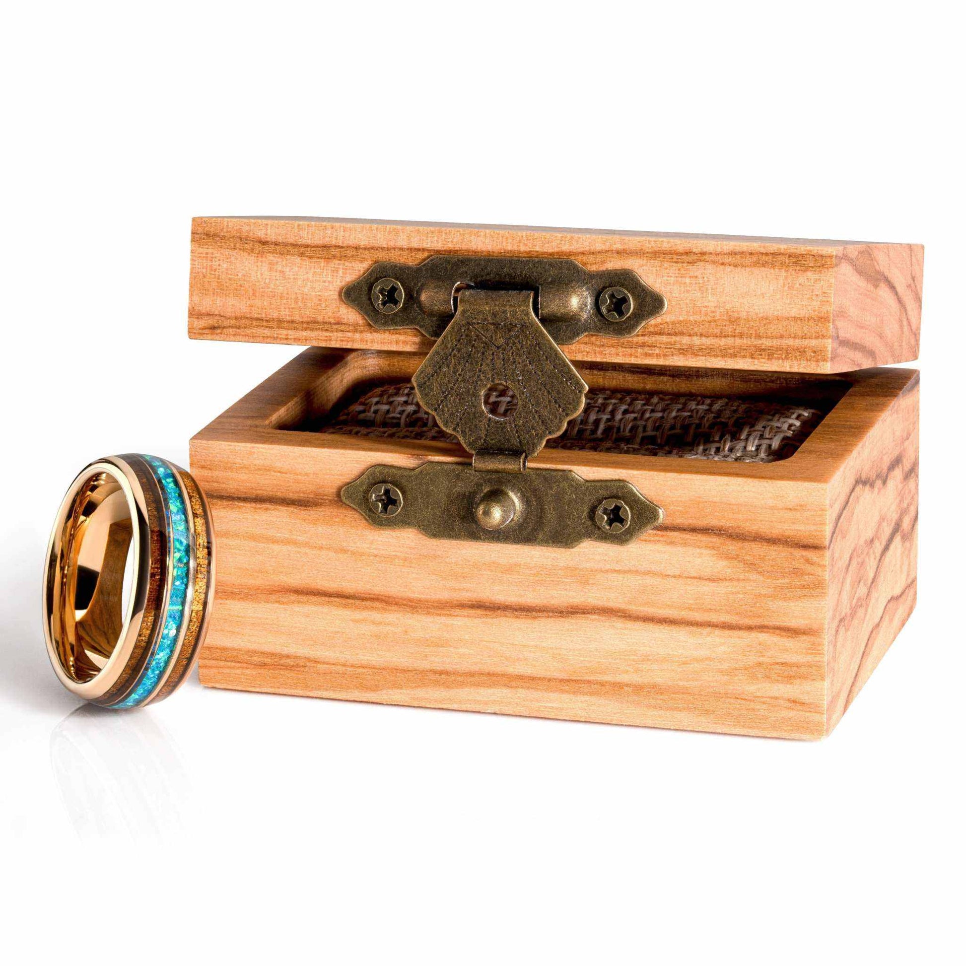Opal Wood Inlay Ring with Rose Gold Tungsten and Hawaiian Koa Wood Bands in Wooden Box.