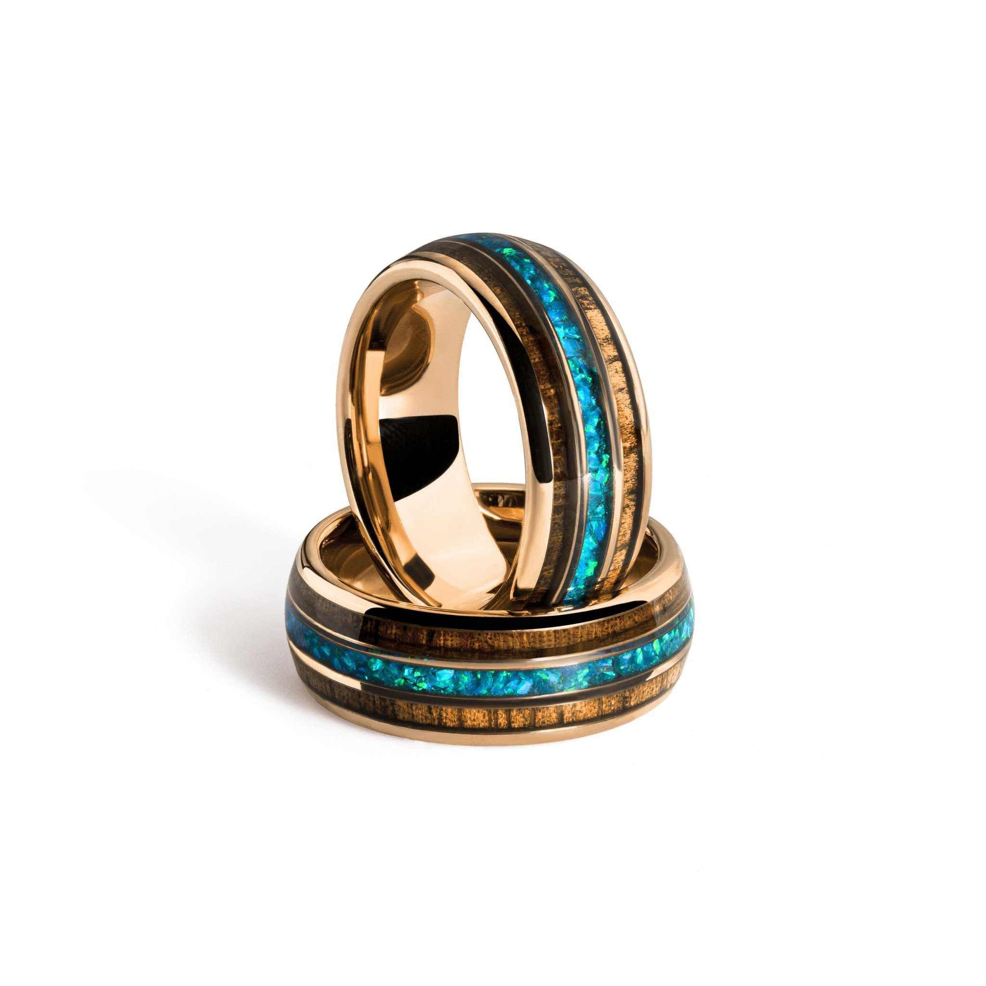 Rose gold tungsten opal wood inlay ring with Hawaiian Koa, 8mm band.
