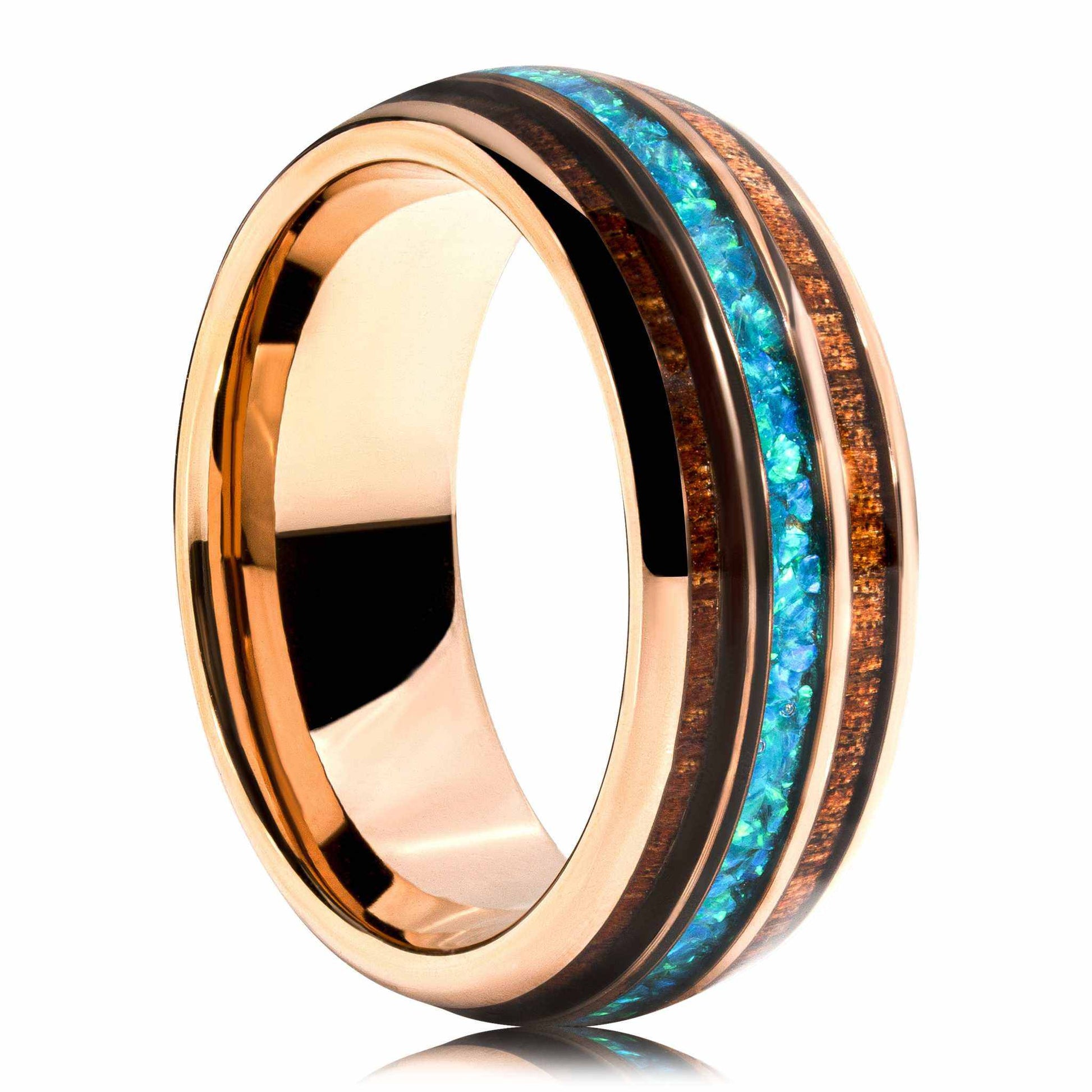 Rose Gold Tungsten Opal Wood Inlay Ring with Hawaiian Koa, 8mm