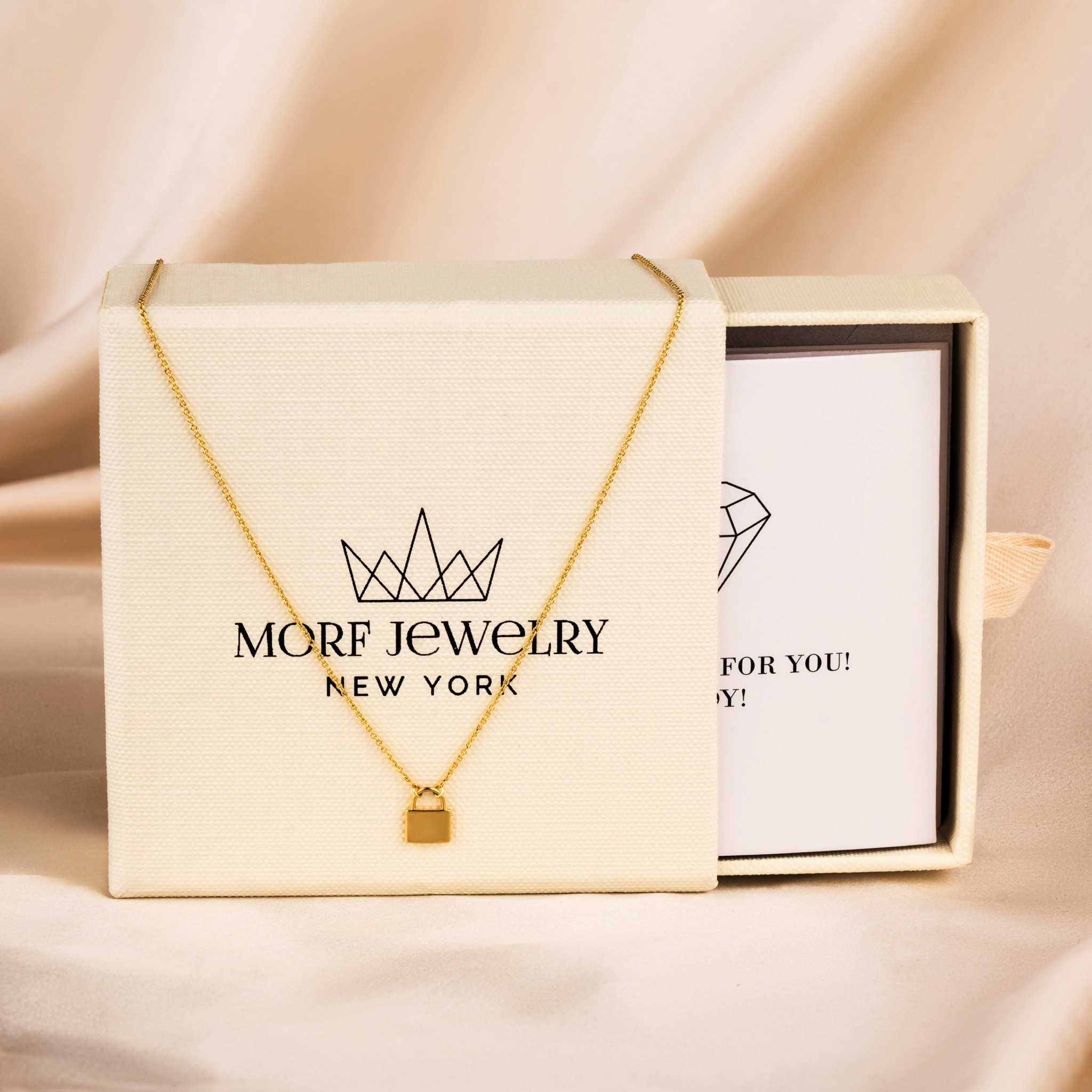 Handmade 14K gold over brass padlock necklace on adjustable 1.5mm cable chain with lobster clasp.