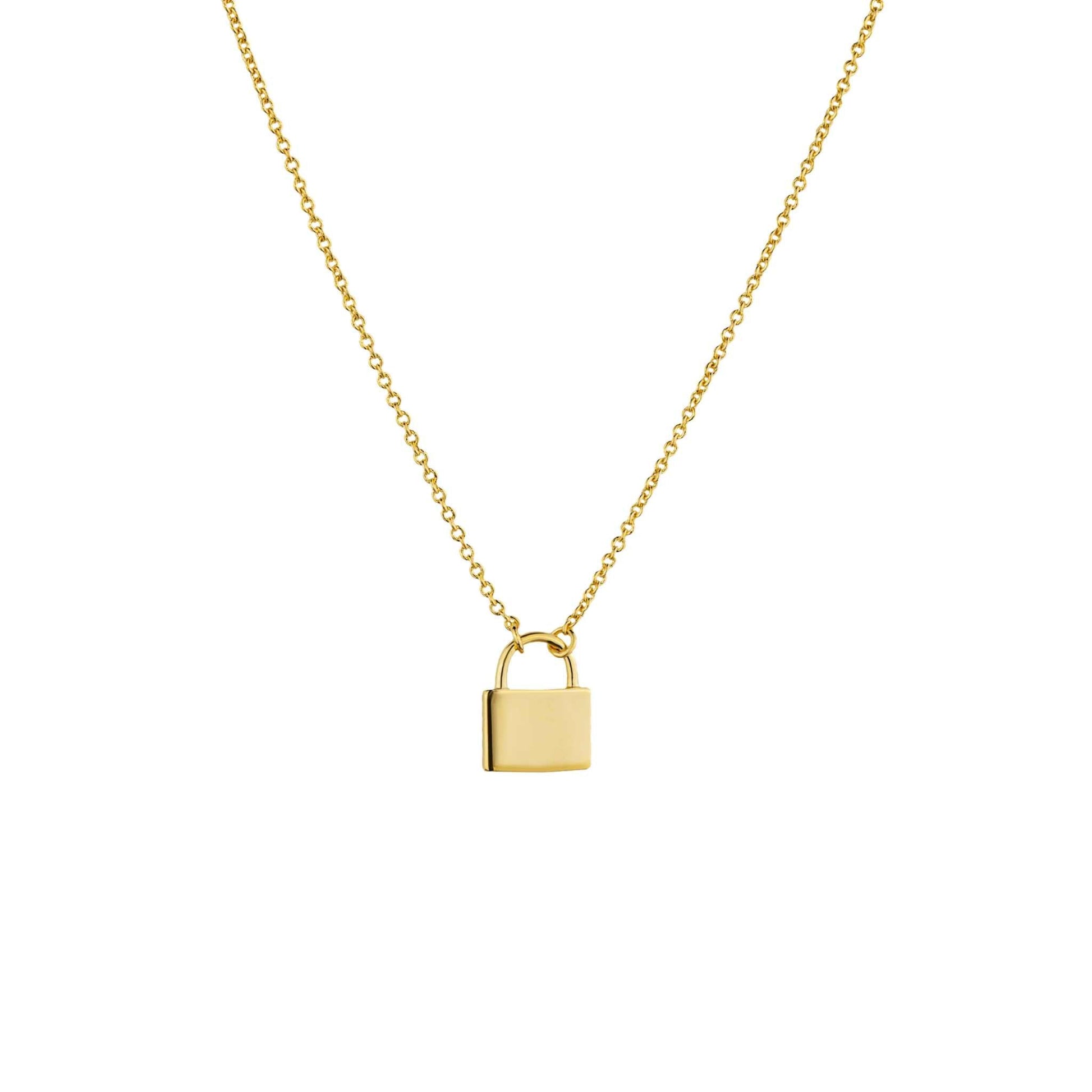 Handmade padlock necklace in 14K gold over brass with adjustable cable chain.