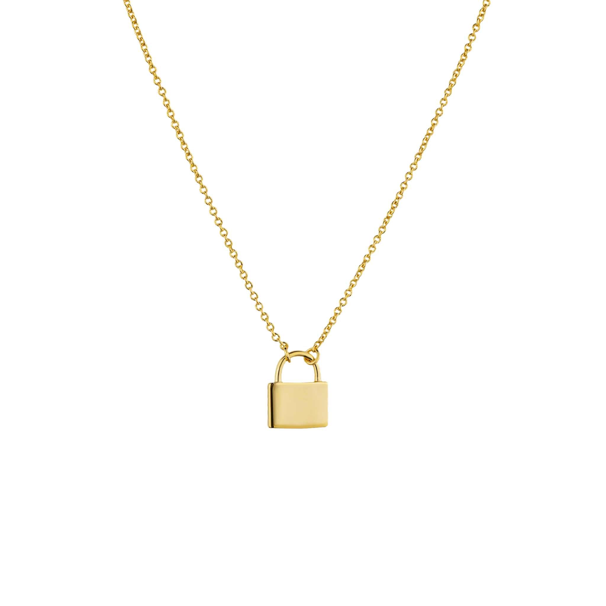 Handmade padlock necklace in 14K gold over brass with adjustable cable chain.