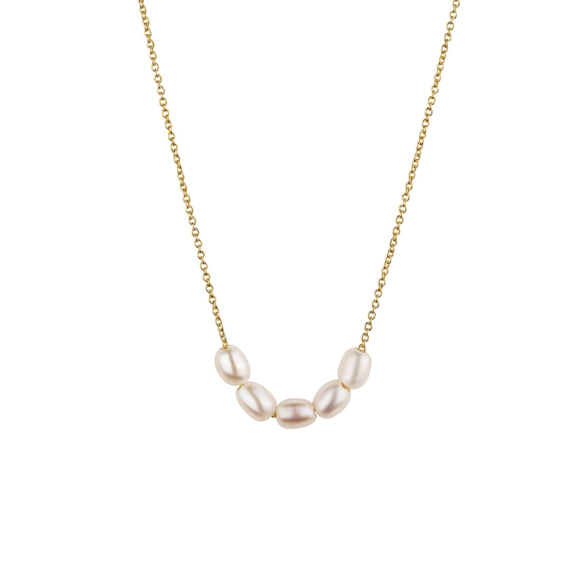 Dainty freshwater pearl bead necklace with 14K gold over brass chain.