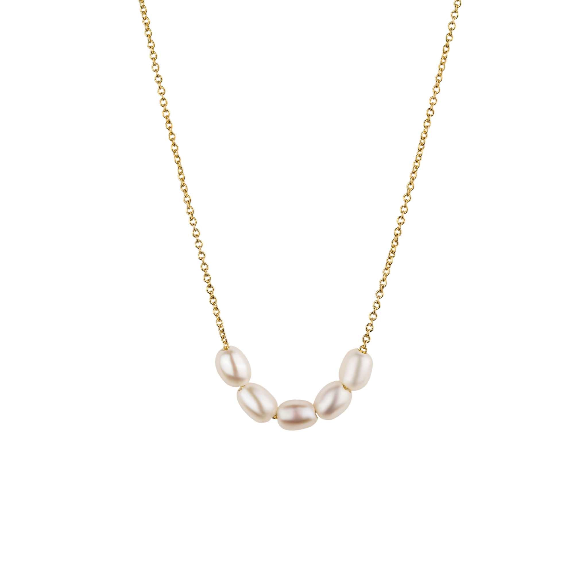 Dainty freshwater pearl bead necklace with 14K gold over brass chain.