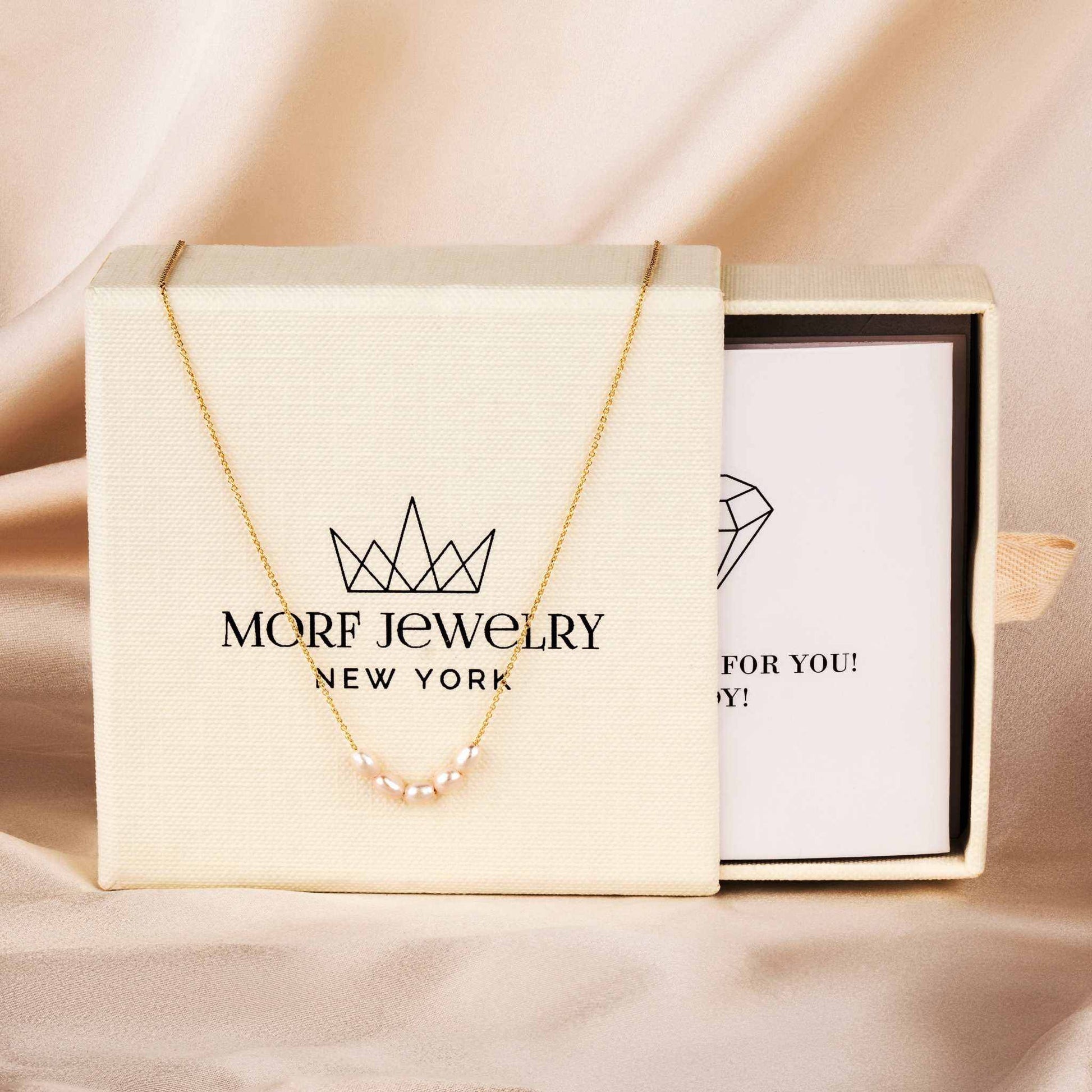 Dainty freshwater pearl bead necklace with adjustable 14K gold over brass chain in gift box.