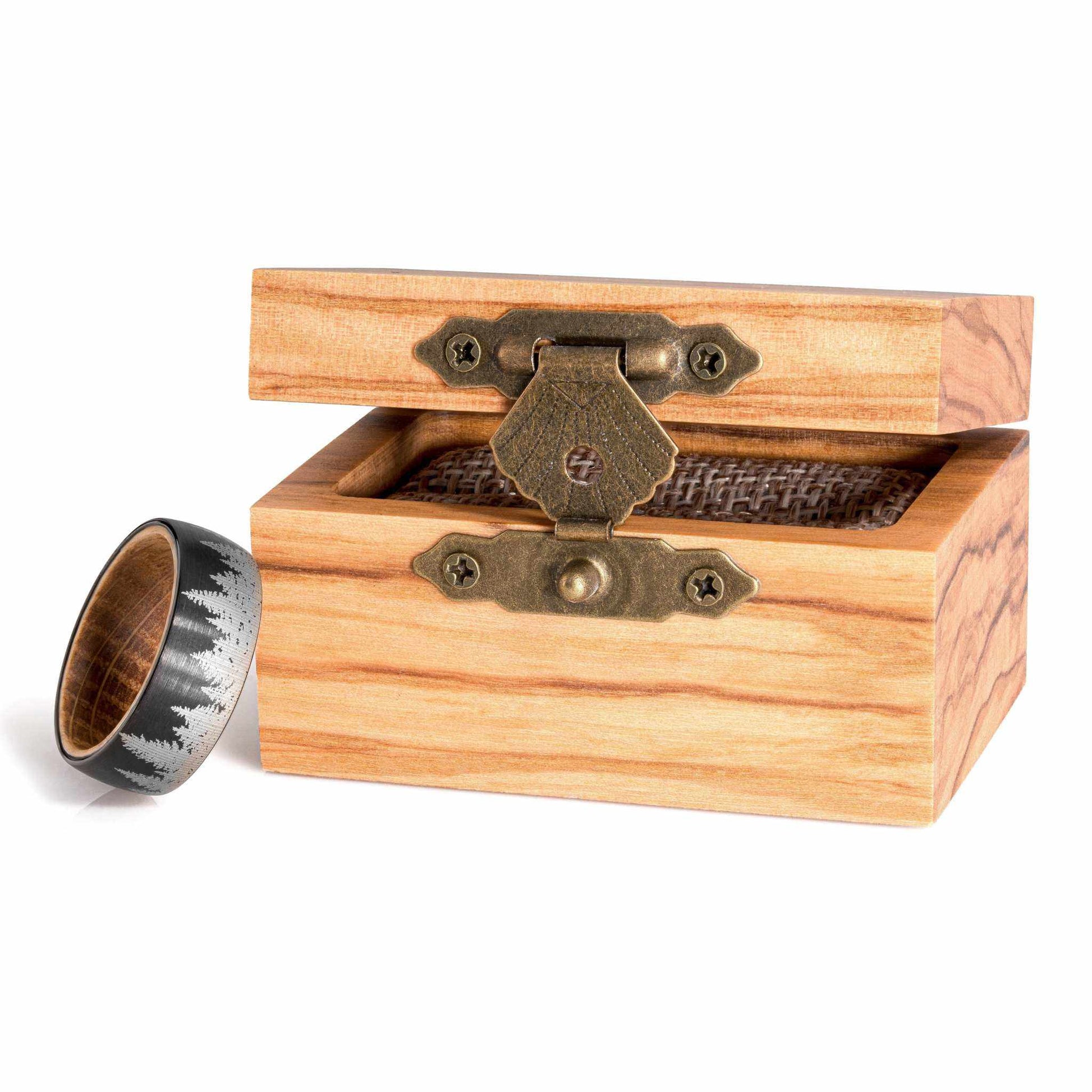 Pine Tree Forest Ring with whiskey barrel oak wood and tungsten, displayed with decorative box.