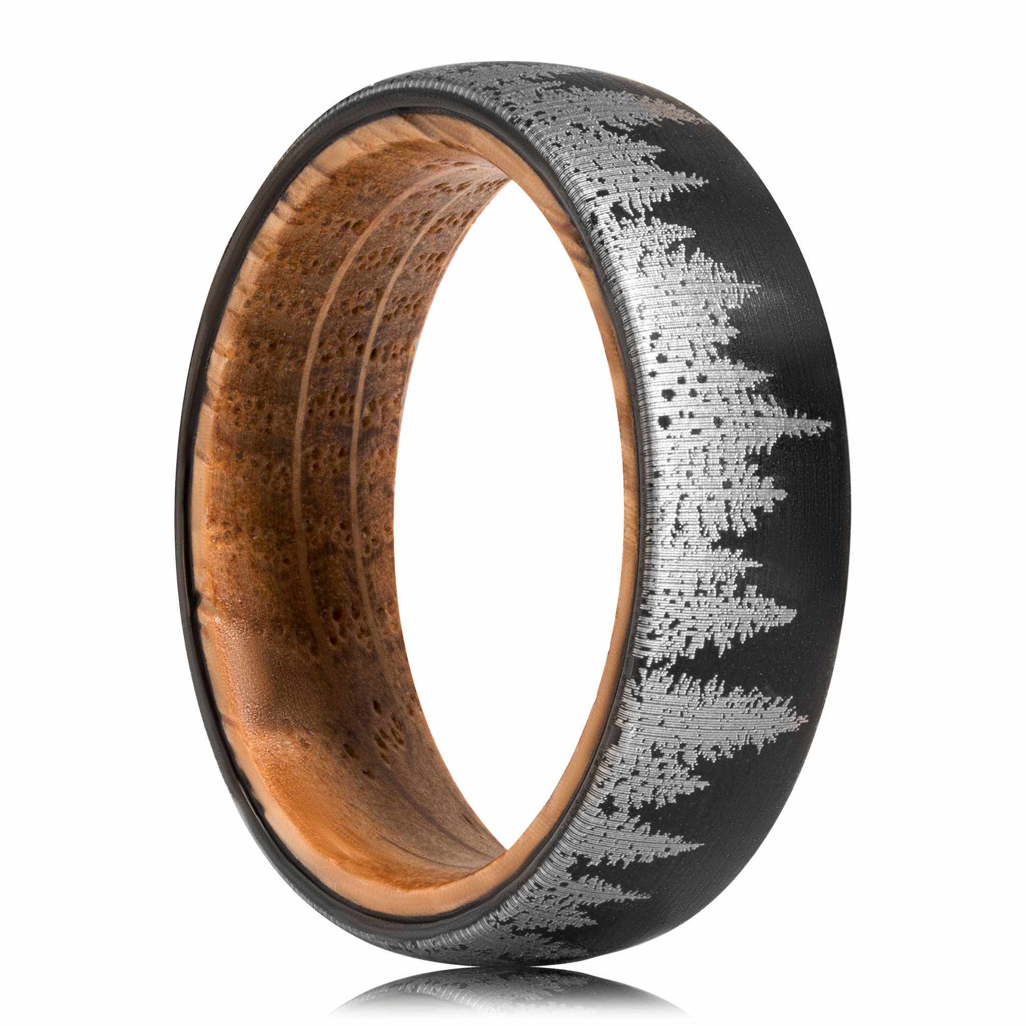 Pine Tree Forest Ring with etched forest design and wooden inner band.