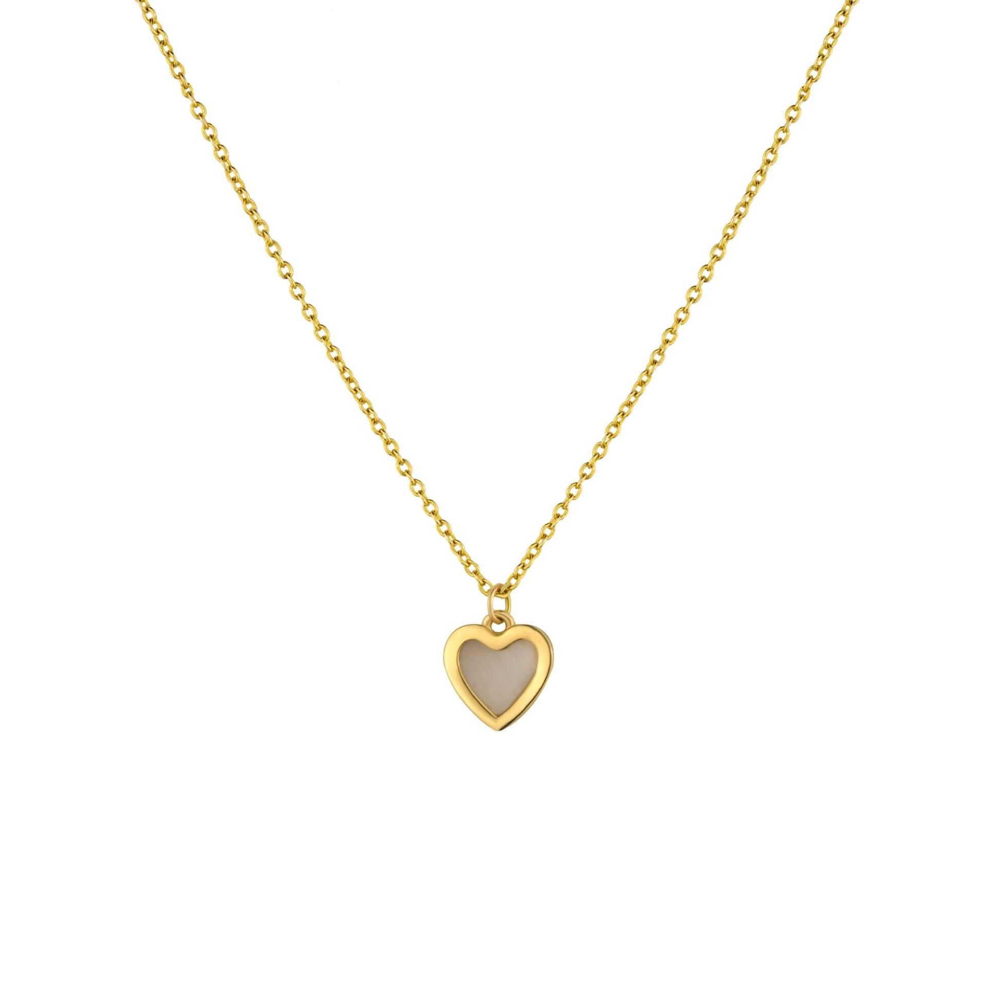 Seashell Serenity Necklace with heart-shaped mother of pearl pendant in 18K gold on sterling silver adjustable chain.