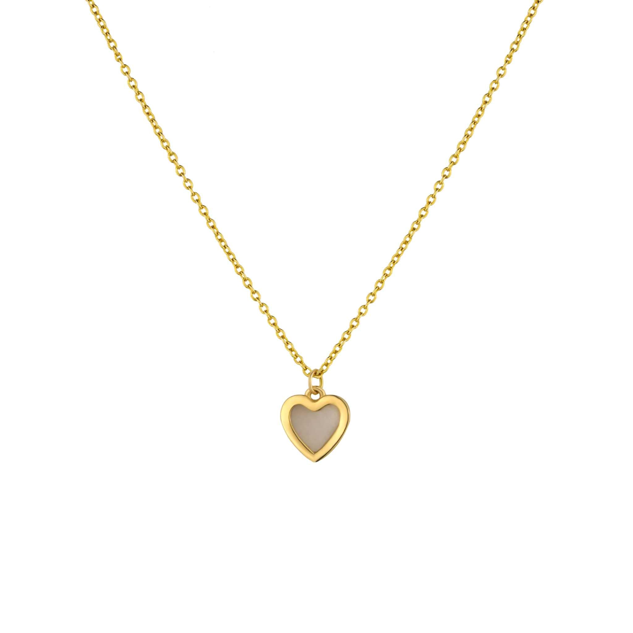 Seashell Serenity Necklace with heart-shaped mother of pearl pendant in 18K gold on sterling silver adjustable chain.