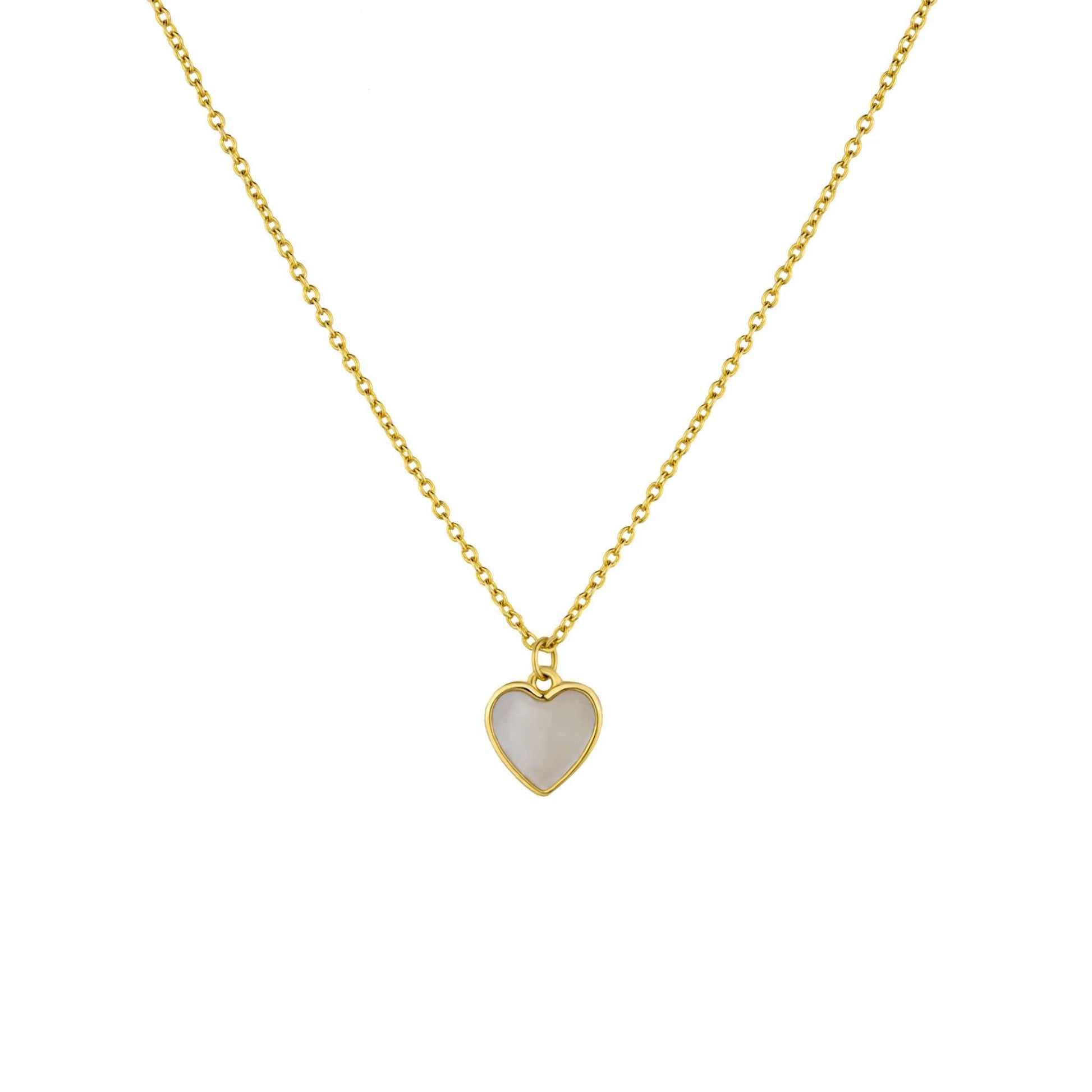 Seashell Serenity Necklace with heart-shaped mother of pearl pendant, 18K gold finish on 925 sterling silver chain, adjustable from 16 to 20 inches.