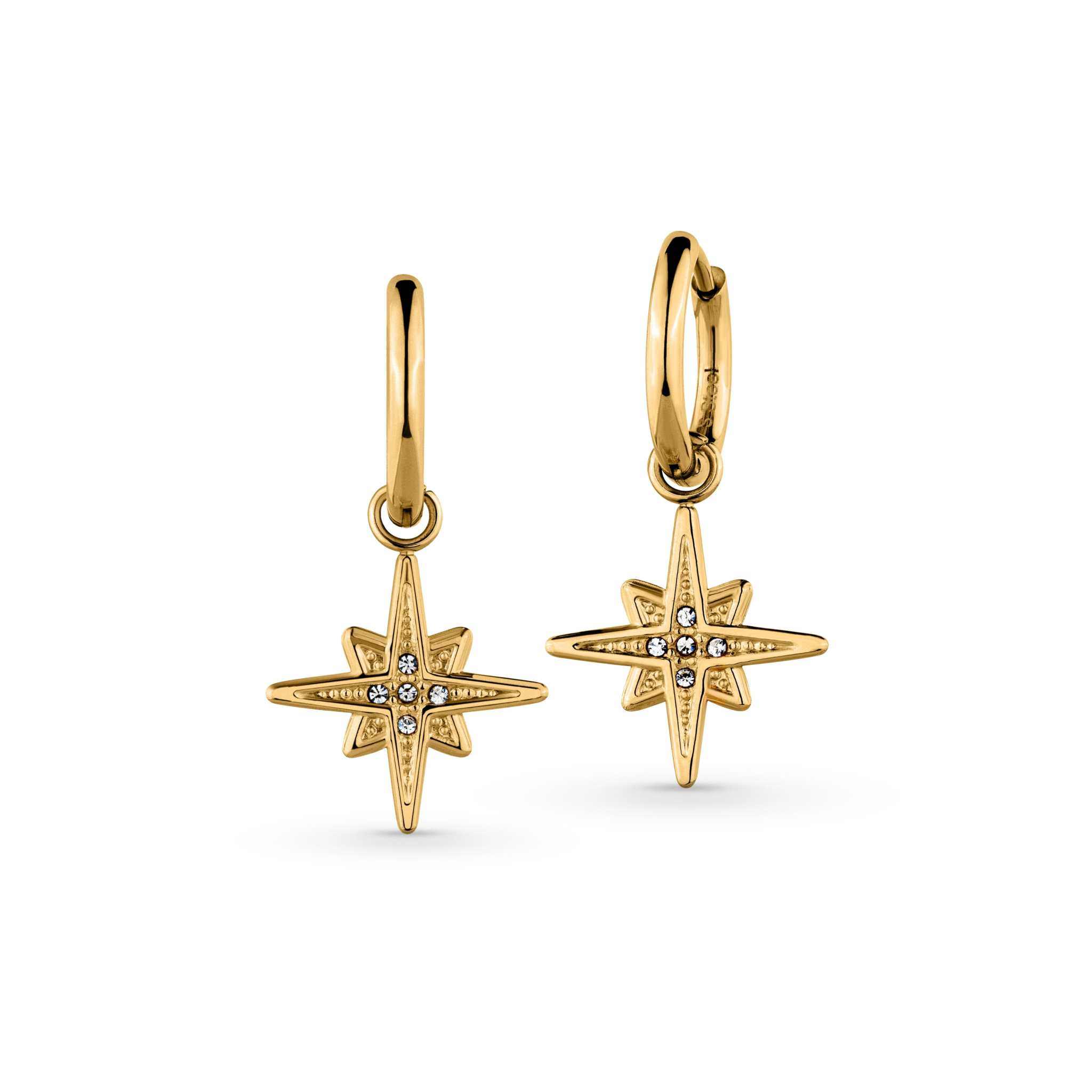 Starburst Huggie Earrings in 18k PVD gold plating, stainless steel, hypoallergenic, tarnish-free, waterproof, 29mm x 14mm.