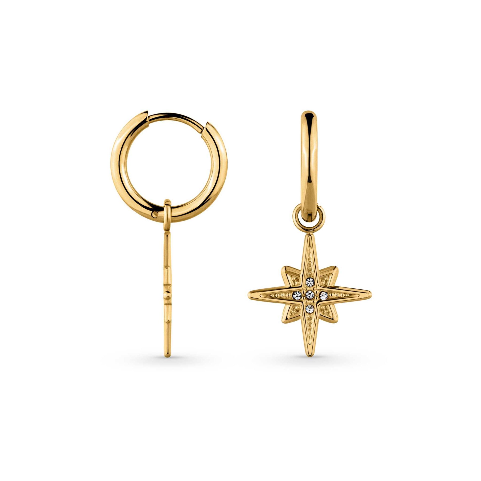Starburst Huggie Earrings in 18k PVD gold-plated stainless steel, hypoallergenic and tarnish-free.