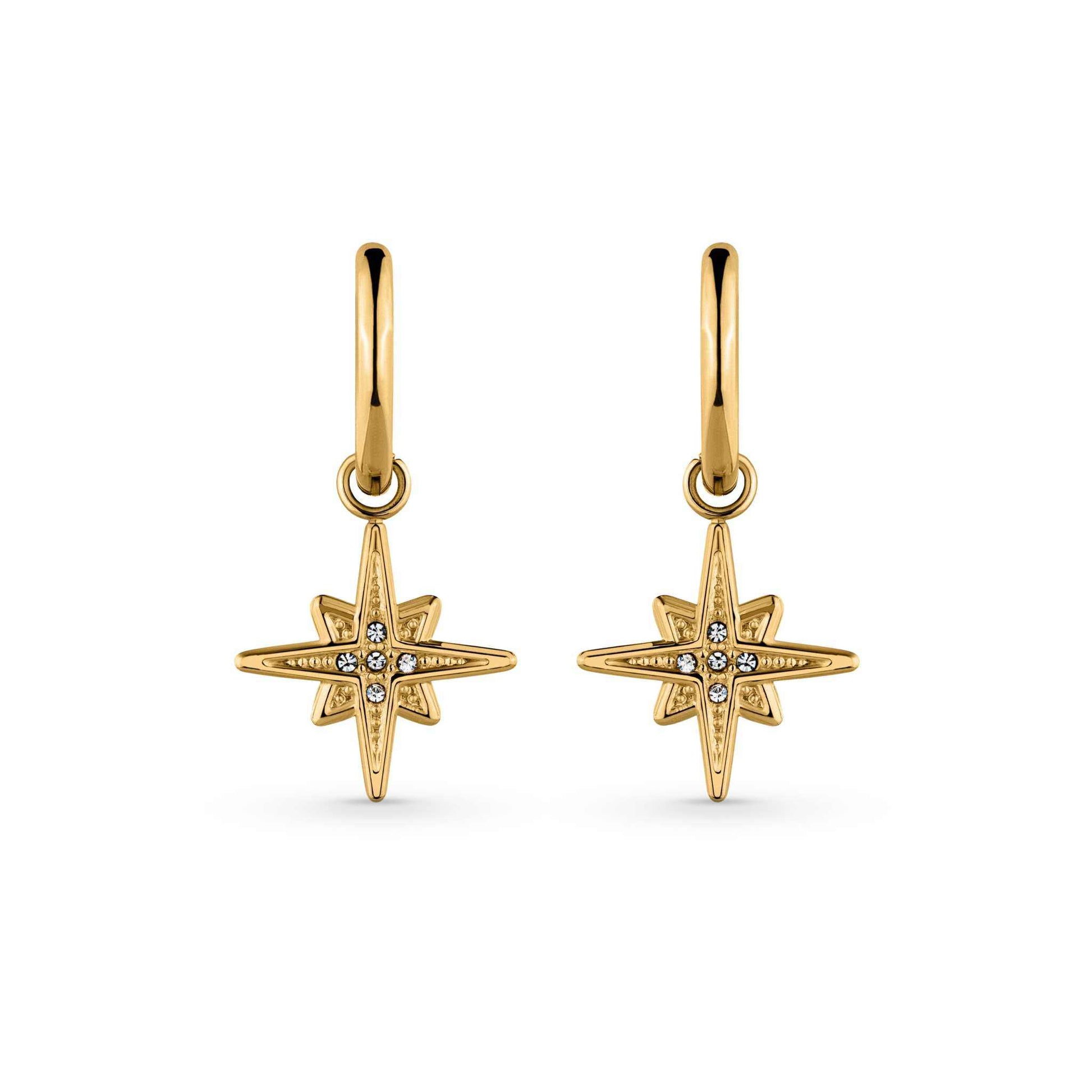 Starburst Huggie Earrings with 18k PVD gold plating, stainless steel, hypoallergenic, waterproof.