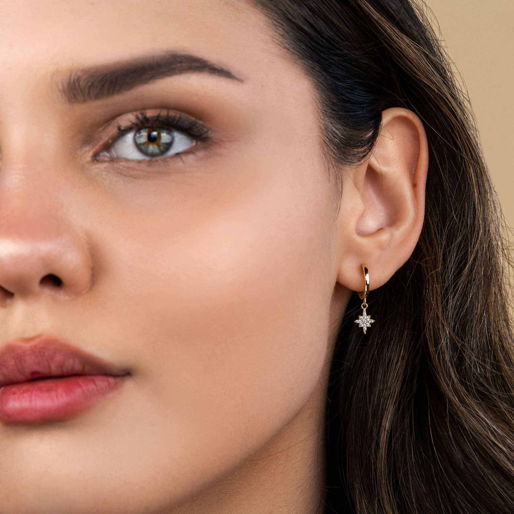 Stellar Starburst Earrings in 14K Gold with Round Cut Clear CZ Stones.