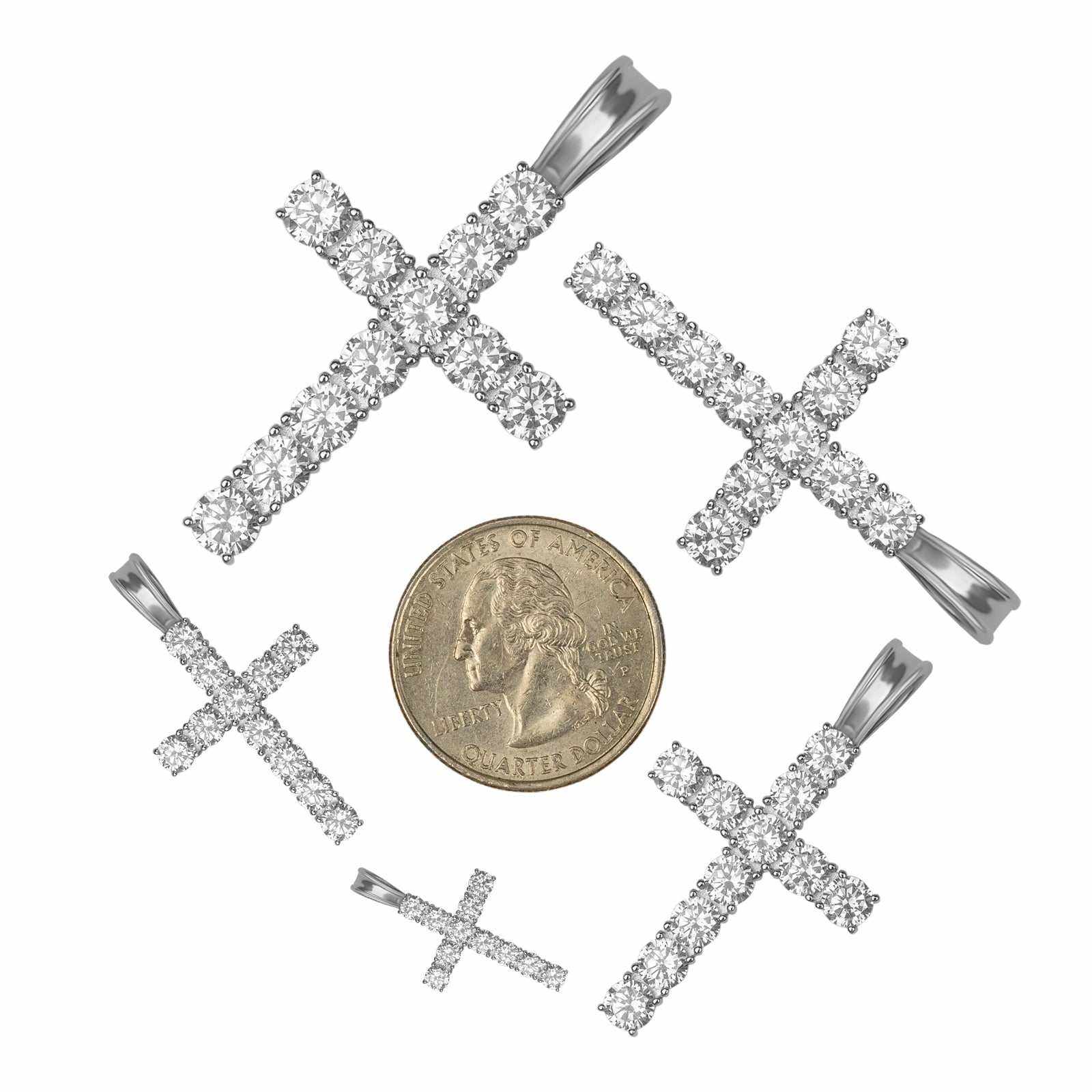 Solid 925 Sterling Silver Tennis Cross Pendant with Clear AAAAA CZ Stones in Various Sizes.