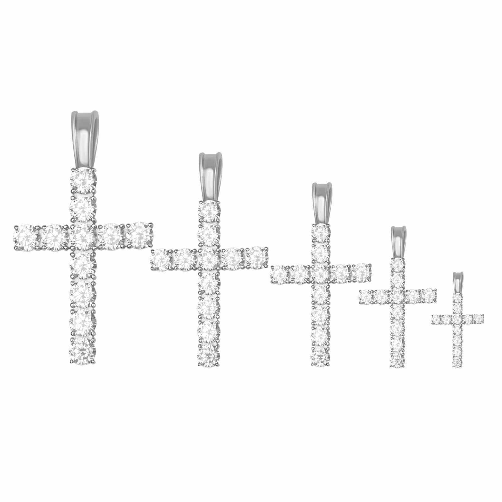 Set of five tennis cross pendants in varying sizes, made of solid 925 sterling silver with clear AAAAA CZ stones.