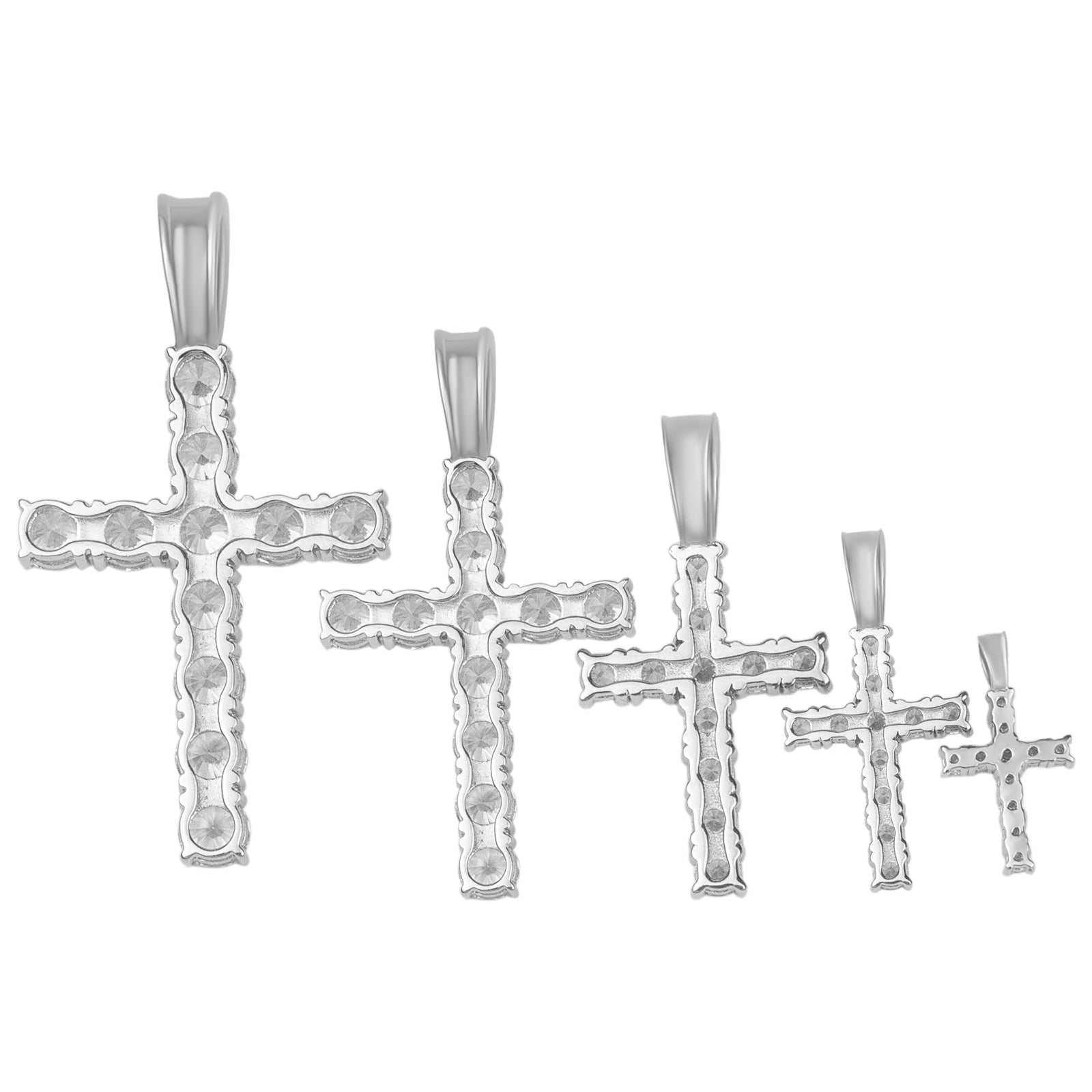 Sterling silver Tennis Cross Pendant in various sizes with clear CZ stones.