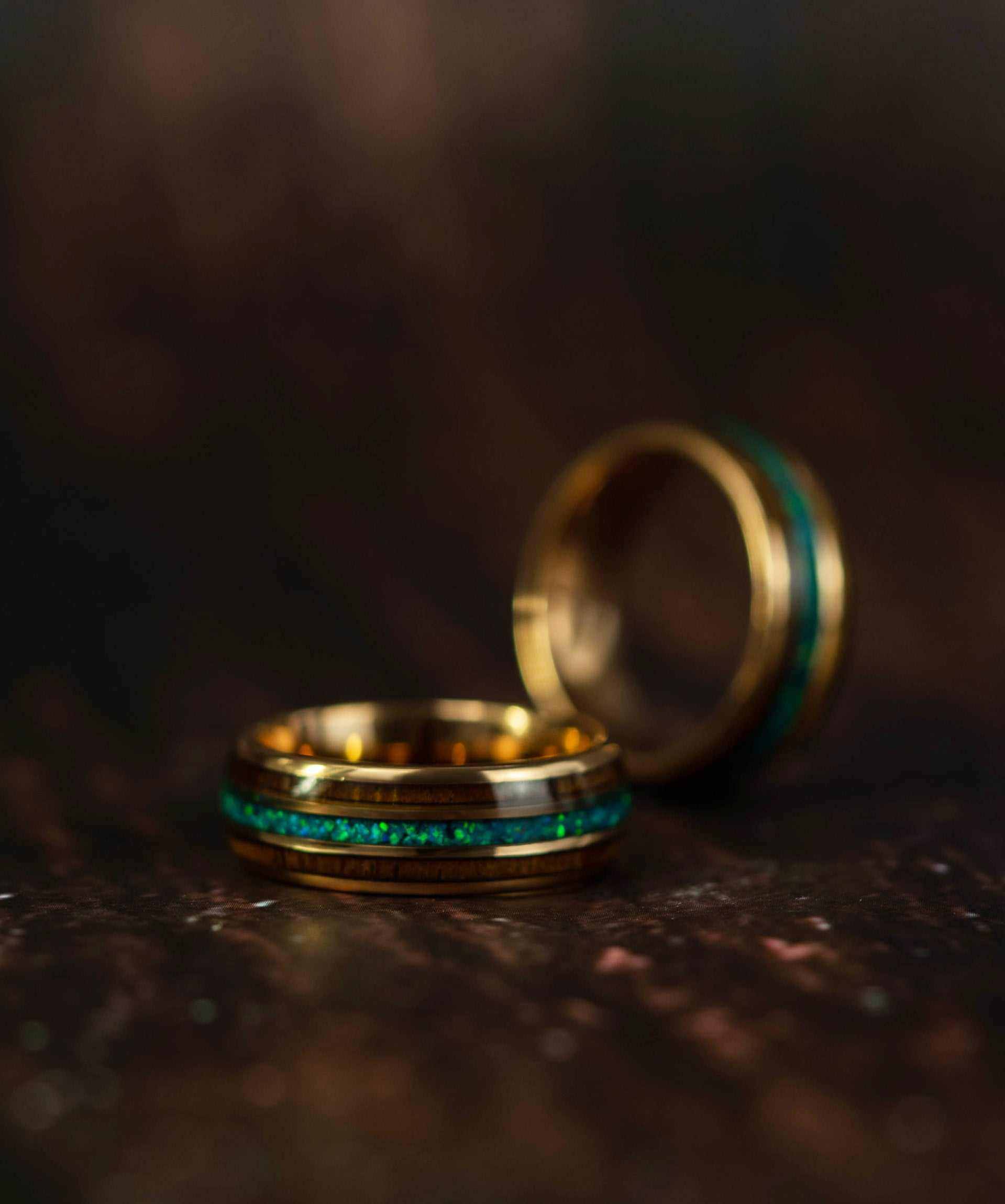 Opal Wood Inlay Ring with Rose Gold Tungsten, Hawaiian Koa, and Bello Opal, 8mm band.