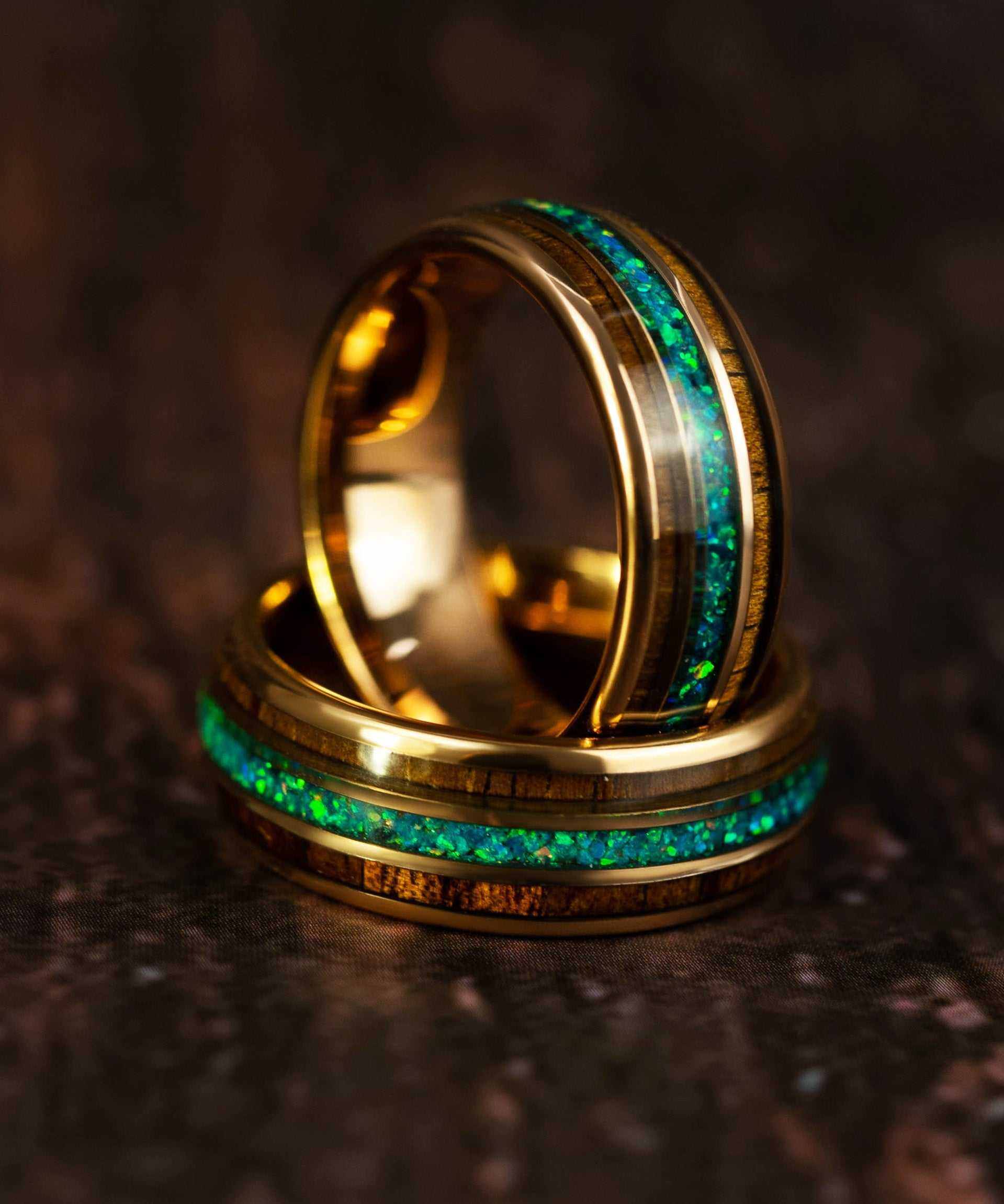 Opal Wood Inlay Ring with Rose Gold Tungsten and Hawaiian Koa Wood