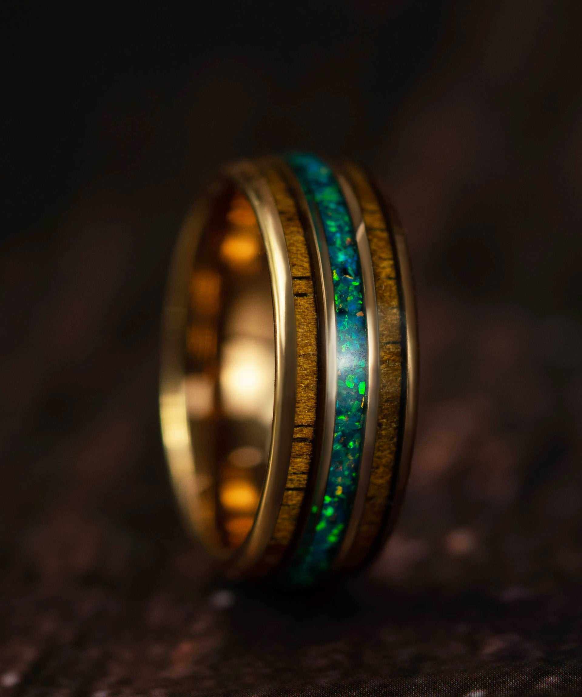 Opal wood inlay rose gold tungsten carbide ring with Hawaiian Koa wood and green-blue opal accents