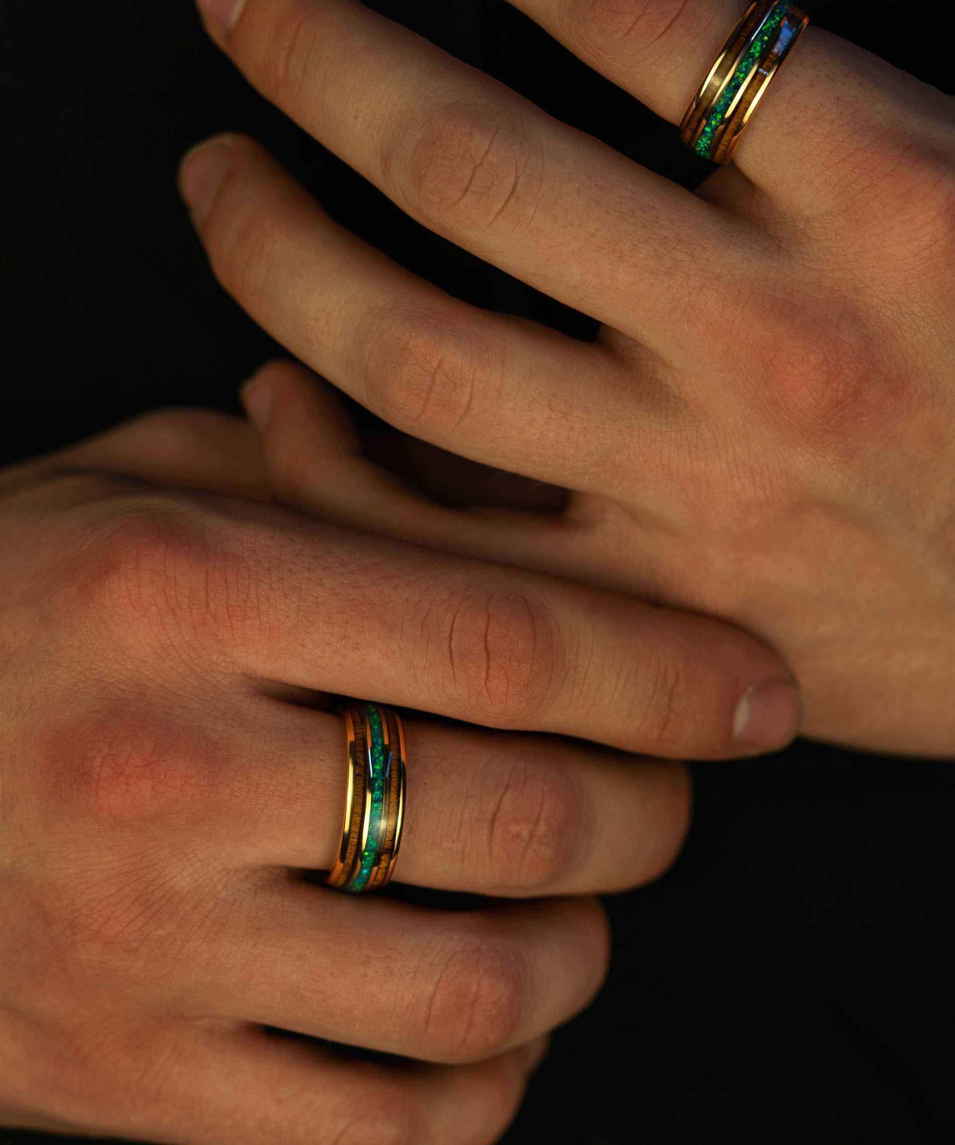 Opal Wood Inlay Ring on hands, rose gold, Hawaiian Koa wood, 8mm width.