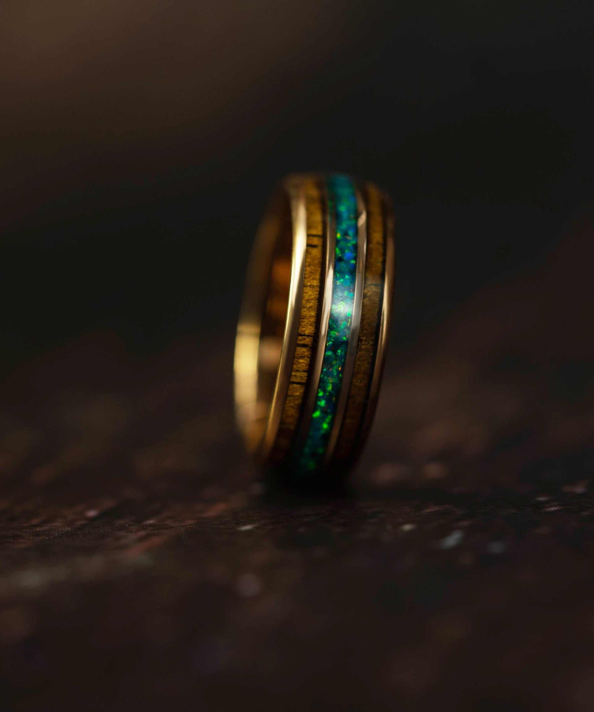 Opal Wood Inlay Ring with rose gold tungsten, green opal, and Hawaiian Koa wood strips.