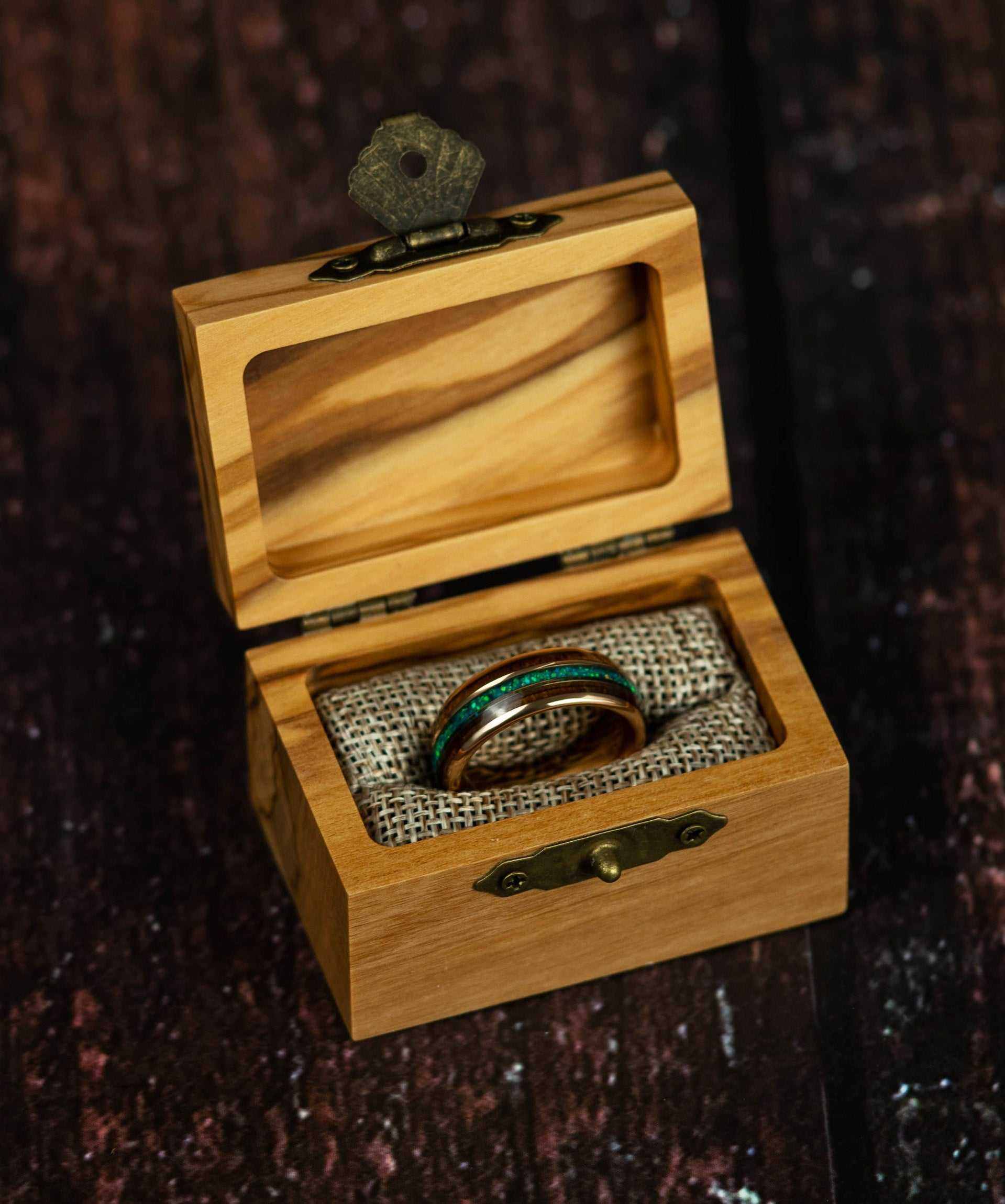 Opal Wood Inlay Ring in wooden box with rose gold and Koa wood design.