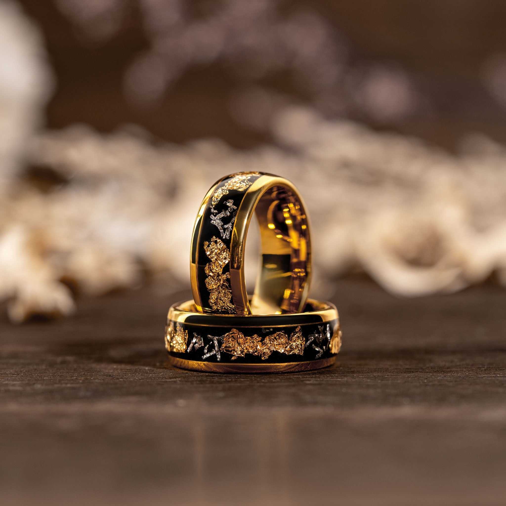 Meteorite and 22K gold leaf inlay tungsten carbide men's wedding rings with protective coating and polished finish