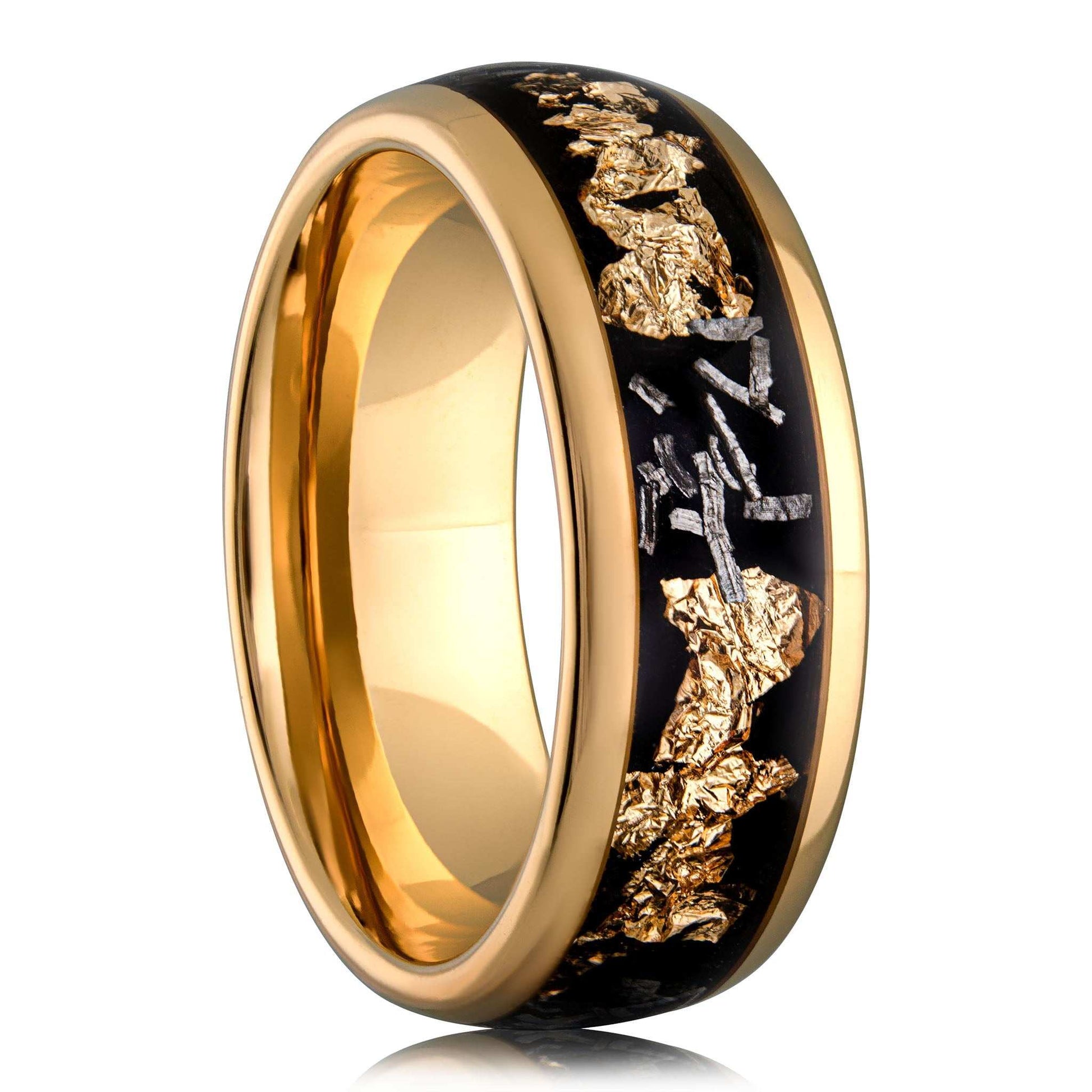 Meteorite gold leaf tungsten ring with protective layer and unique inlay design.
