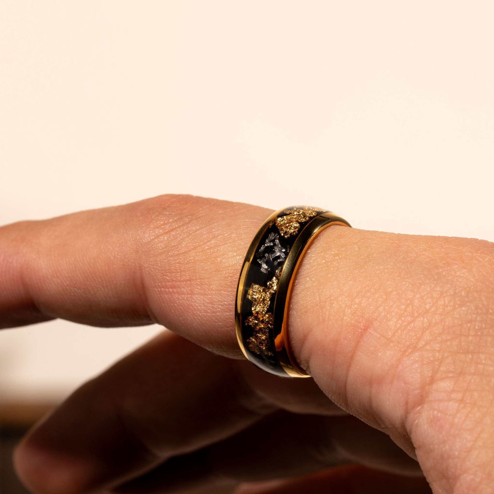 Meteorite Gold Leaf Ring with Tungsten Setting and 22K Gold Inlay.