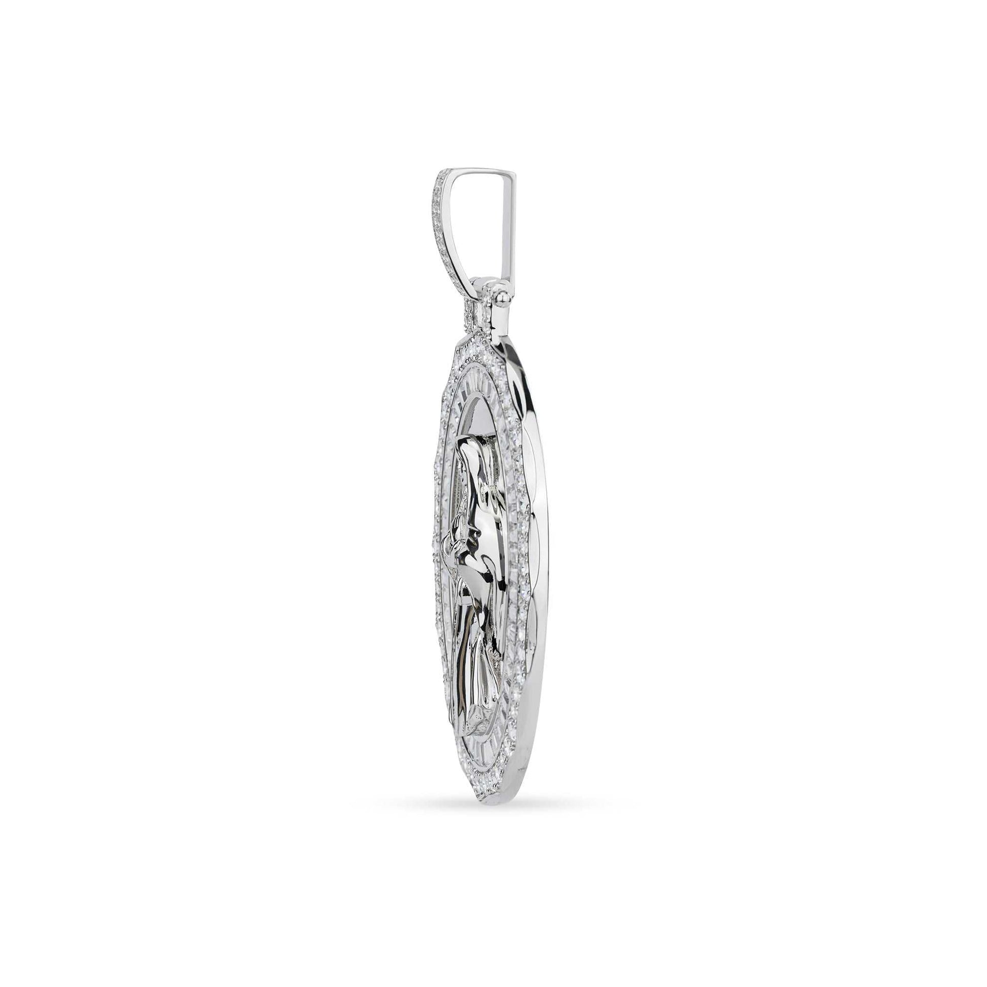 Virgin Mary Pendant in 925 Sterling Silver with CZ stones, rhodium plated, side view.